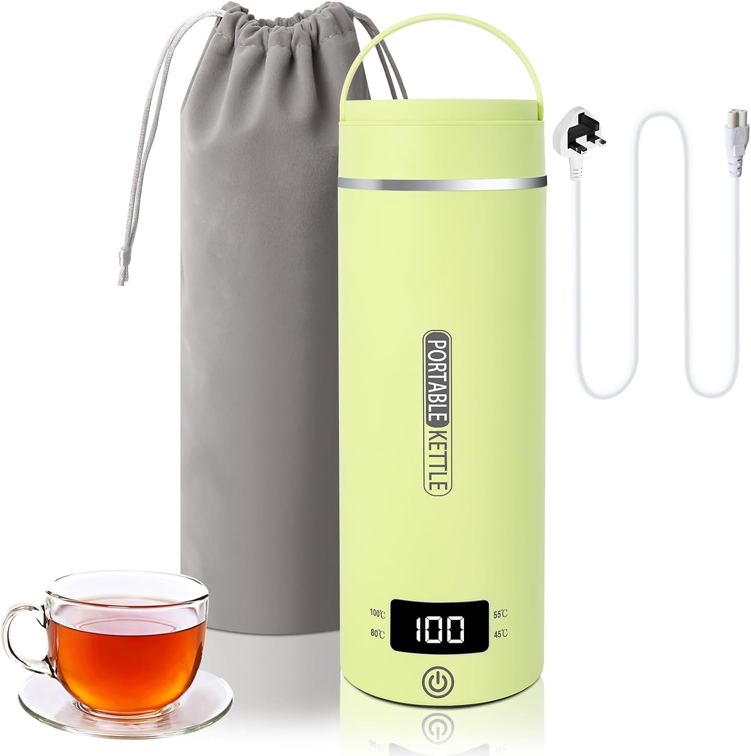 Kleine elektrische reiswaterkoker, 500 ml/300 W, draagbare waterbeker, mini-waterbeker, roestvrij staal 316, automatische verwarming, uitschakelen, met omkeerbaar deksel voor thee (groen)