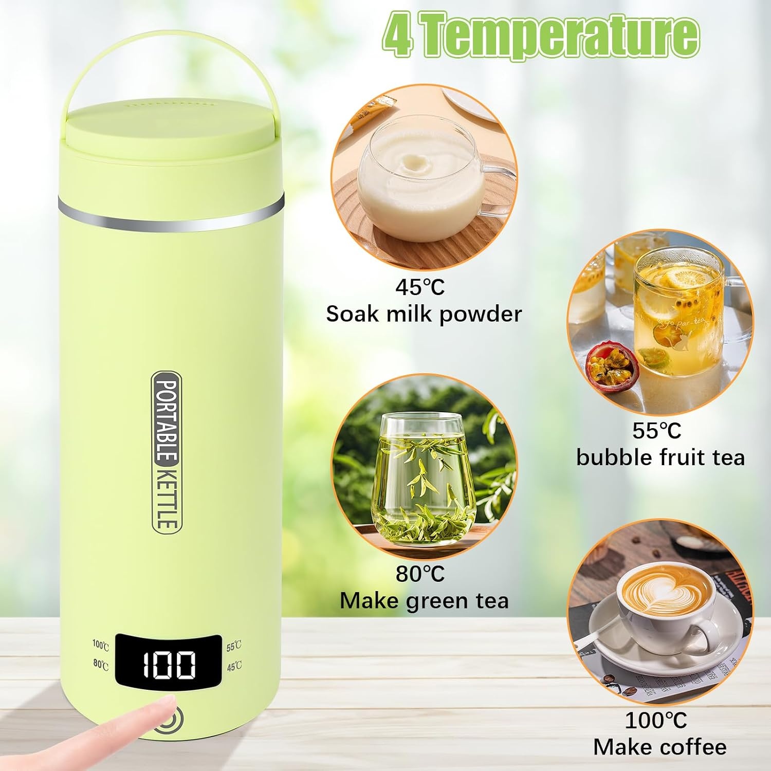Kleine elektrische reiswaterkoker, 500 ml/300 W, draagbare waterbeker, mini-waterbeker, roestvrij staal 316, automatische verwarming, uitschakelen, met omkeerbaar deksel voor thee (groen)