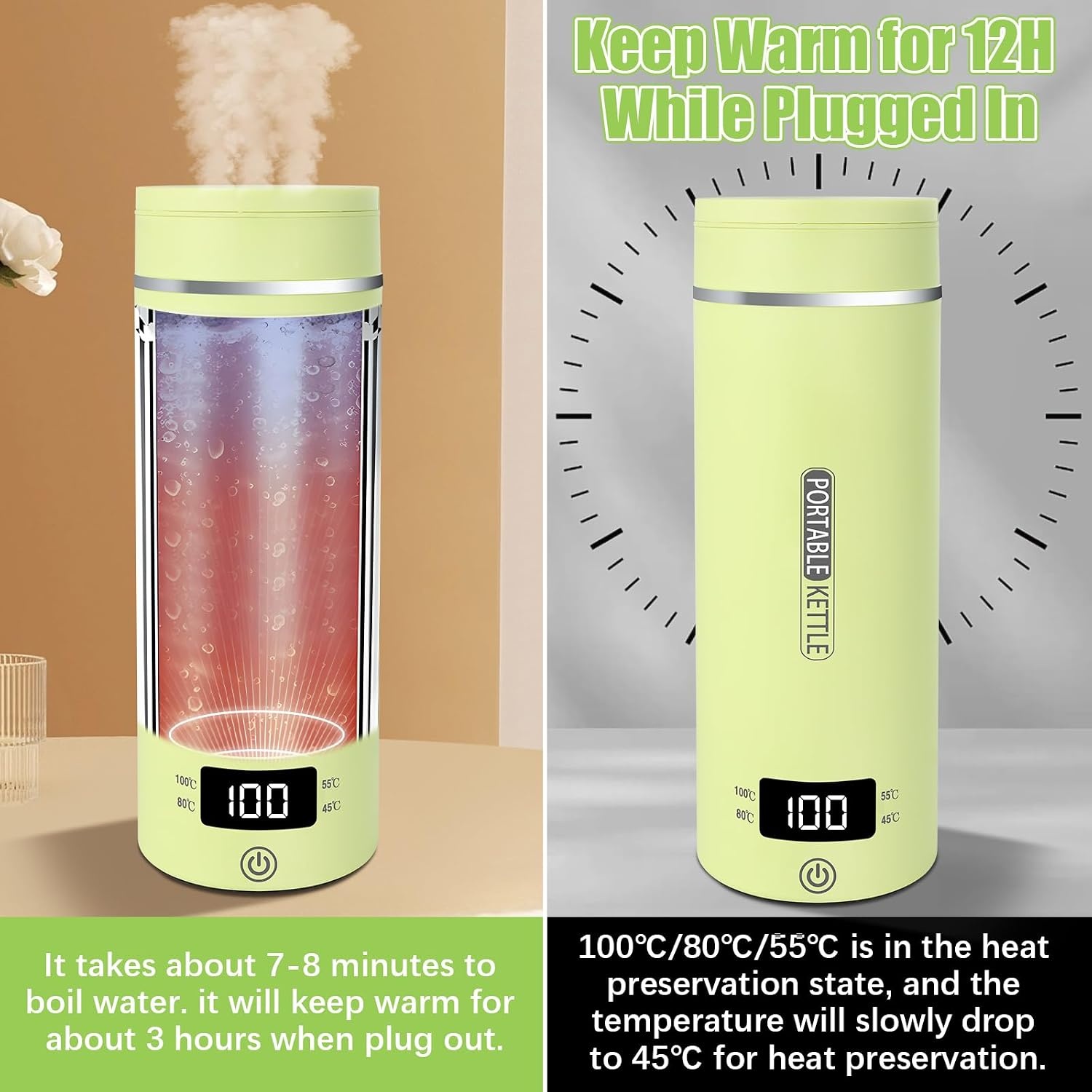 Kleine elektrische reiswaterkoker, 500 ml/300 W, draagbare waterbeker, mini-waterbeker, roestvrij staal 316, automatische verwarming, uitschakelen, met omkeerbaar deksel voor thee (groen)