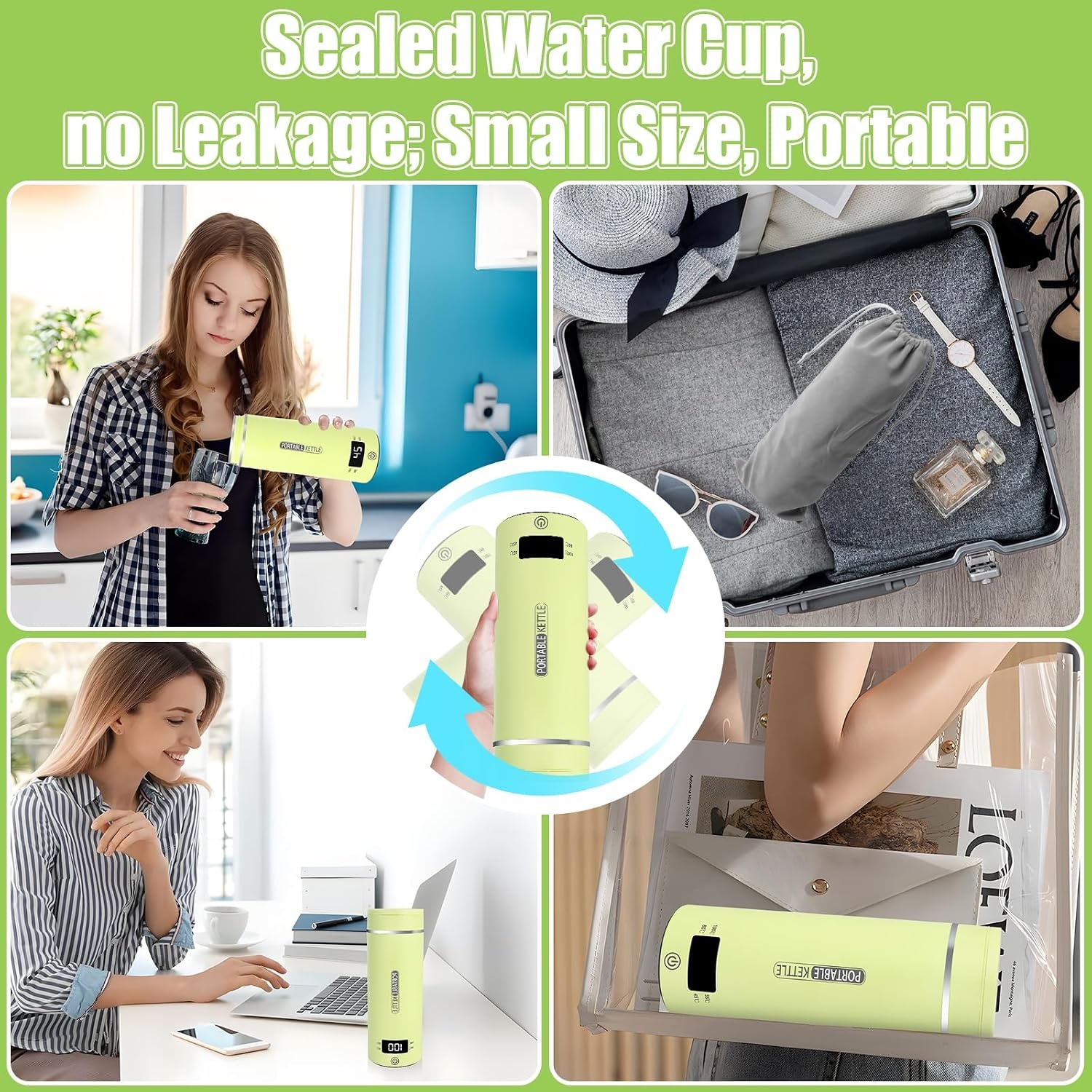Kleine elektrische reiswaterkoker, 500 ml/300 W, draagbare waterbeker, mini-waterbeker, roestvrij staal 316, automatische verwarming, uitschakelen, met omkeerbaar deksel voor thee (groen)