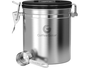 Coffee Gator Koffieblik roestvrij staal, luchtdichte voorraaddoos met deksel, datumtracker, CO2-vrijgifteventiel, maatlepel, voor koffiebonen, koffiepoeder, noten, thee, suiker, meel