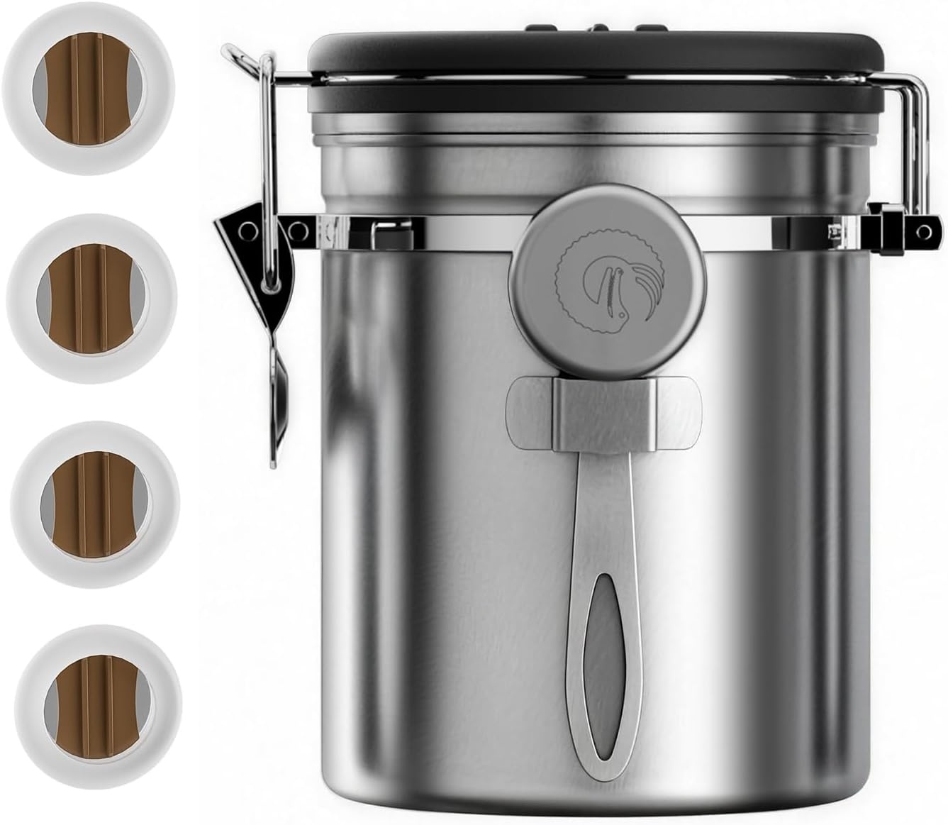 Coffee Gator Koffieblik roestvrij staal, luchtdichte voorraaddoos met deksel, datumtracker, CO2-vrijgifteventiel, maatlepel, voor koffiebonen, koffiepoeder, noten, thee, suiker, meel