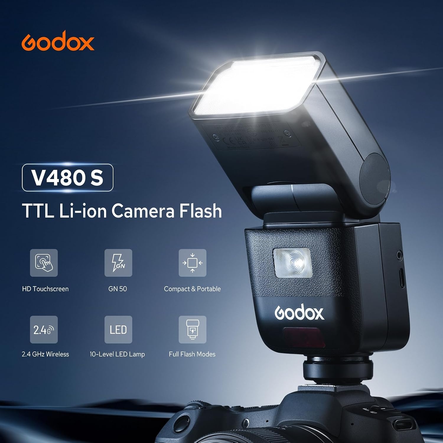 Cameraflitser GODOX V480-S voor Sony, GN50, TTL, HSS, 1/8000s, 35% Korting