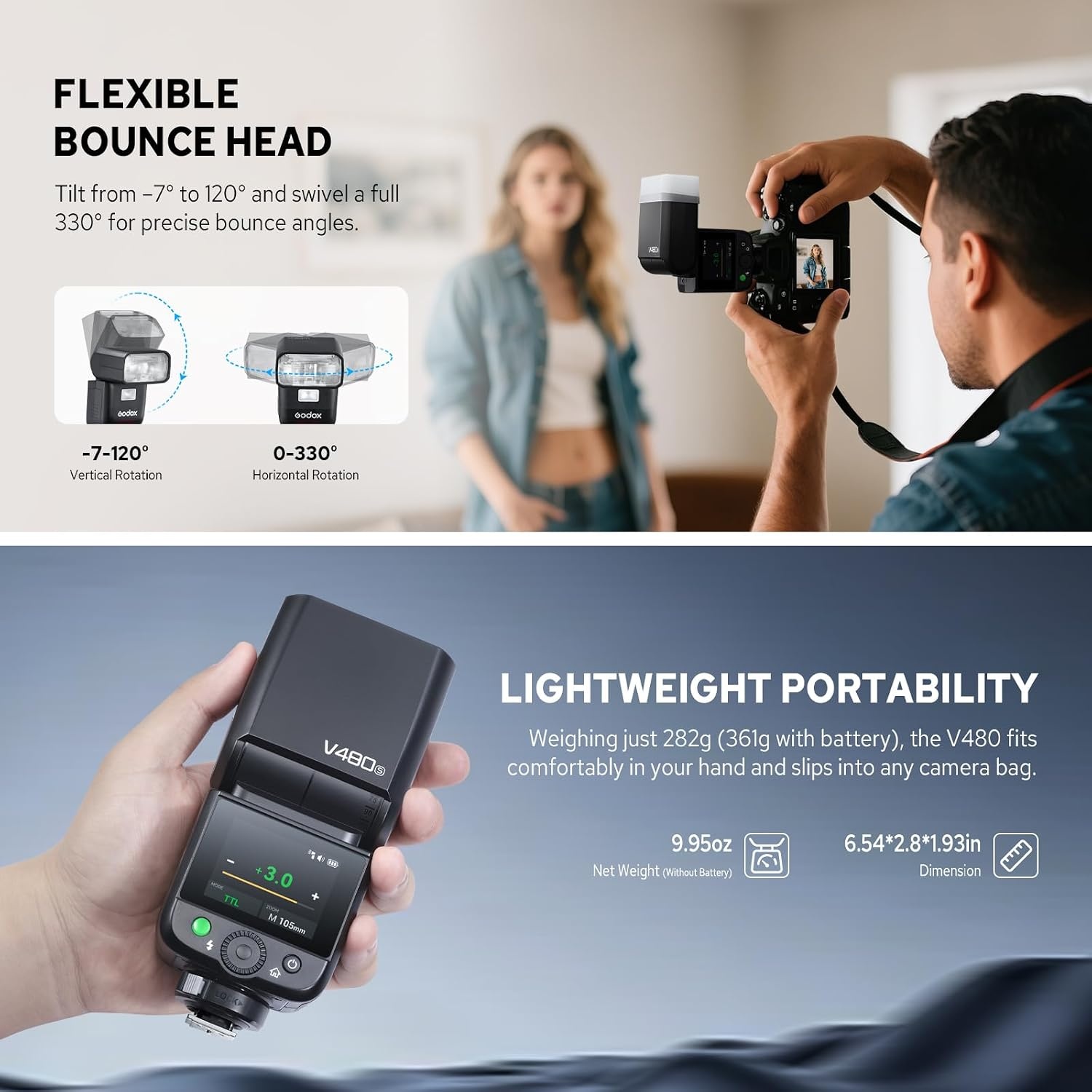 Cameraflitser GODOX V480-S voor Sony, GN50, TTL, HSS, 1/8000s, 35% Korting