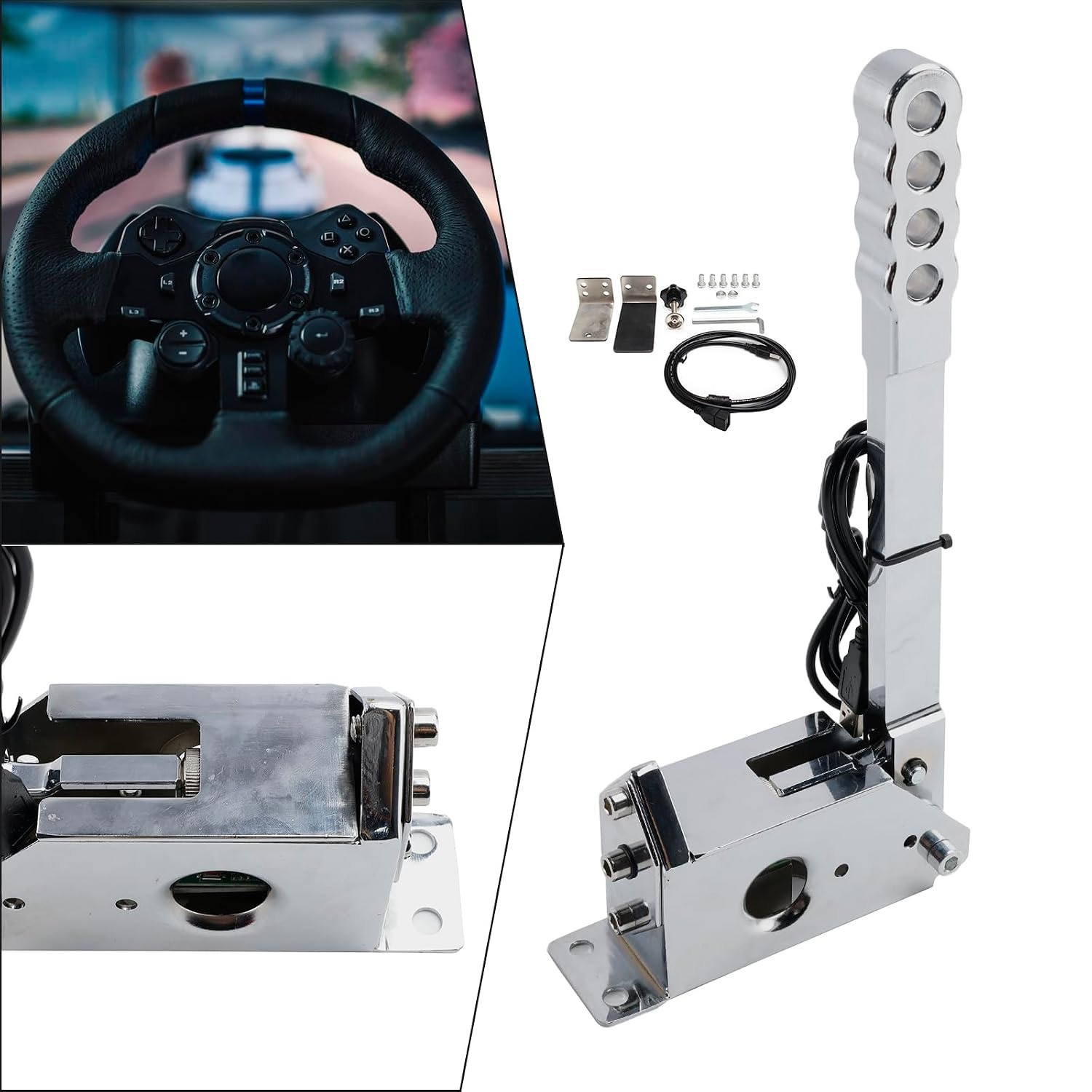 USB Handrem Sim Racing PC - 64-Bit Hall Sensor - Aluminium/Staal - Zilver - 34% Korting