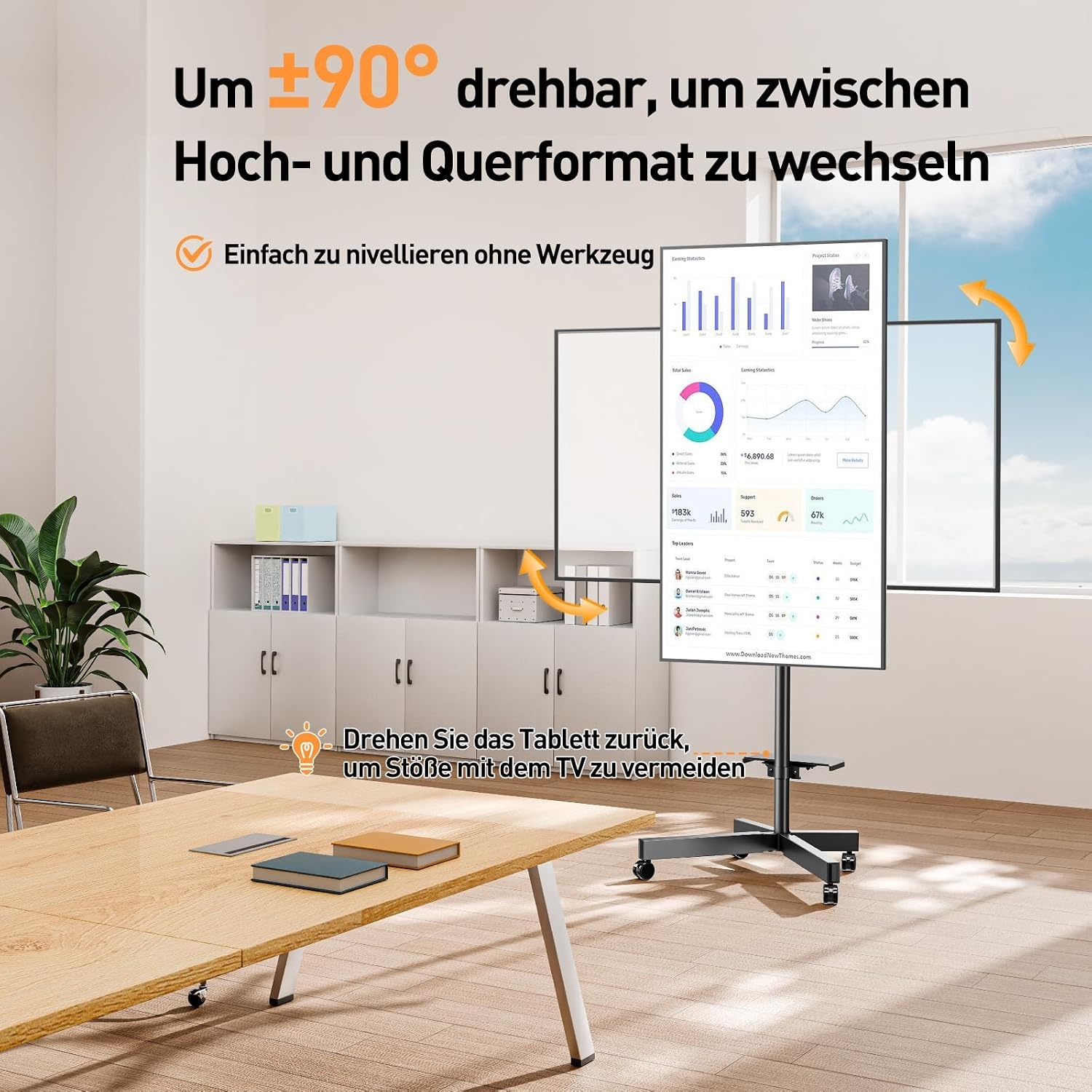 Mobiele standaard op wielen voor tv's van 23 tot 60 inch, tv-trolley met verstelbare hoogte en helling, maximale VESA-compatibiliteit van 400 x 400 mm, tot 35 kg, rotatie bij