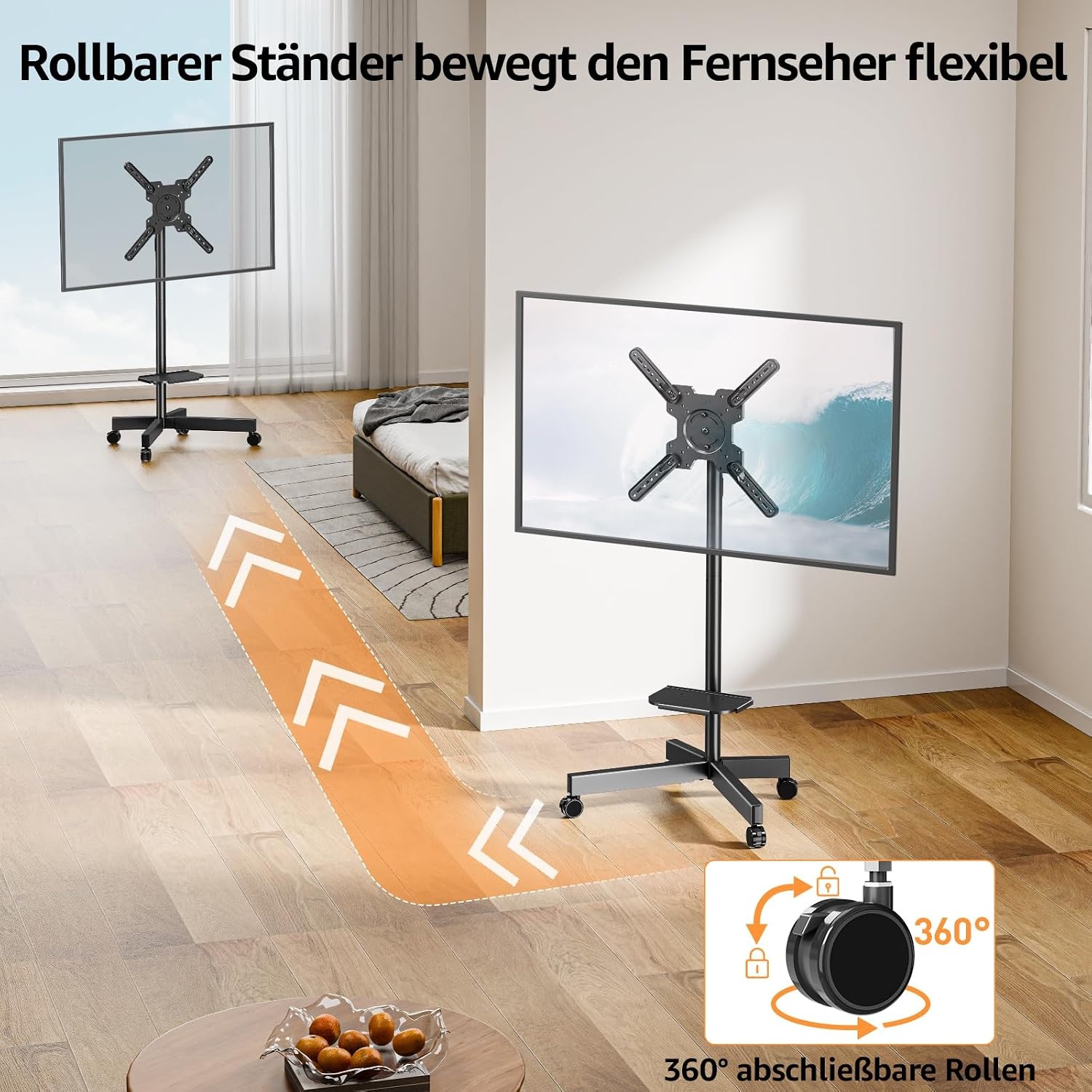 Mobiele standaard op wielen voor tv's van 23 tot 60 inch, tv-trolley met verstelbare hoogte en helling, maximale VESA-compatibiliteit van 400 x 400 mm, tot 35 kg, rotatie bij