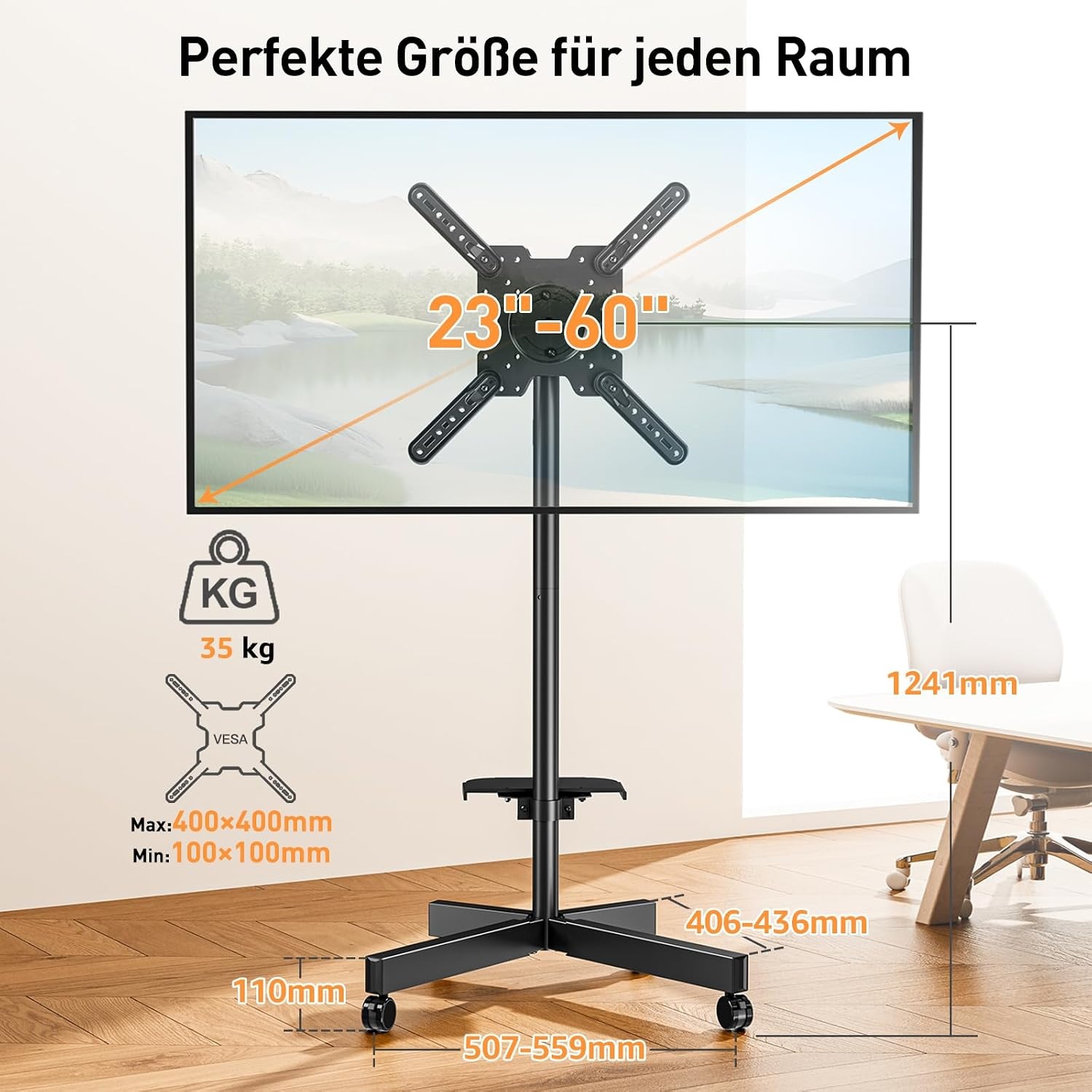 Mobiele standaard op wielen voor tv's van 23 tot 60 inch, tv-trolley met verstelbare hoogte en helling, maximale VESA-compatibiliteit van 400 x 400 mm, tot 35 kg, rotatie bij
