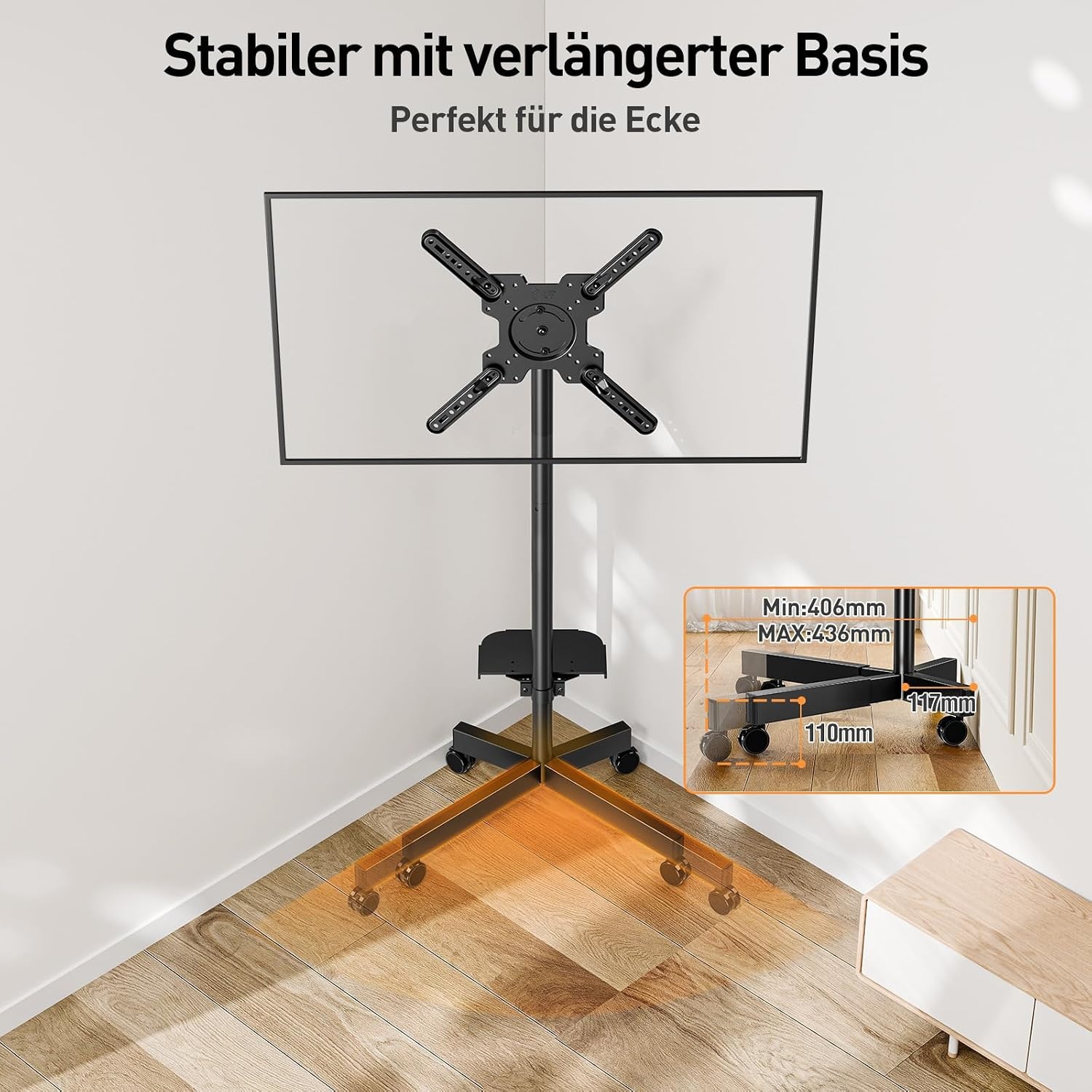 Mobiele standaard op wielen voor tv's van 23 tot 60 inch, tv-trolley met verstelbare hoogte en helling, maximale VESA-compatibiliteit van 400 x 400 mm, tot 35 kg, rotatie bij