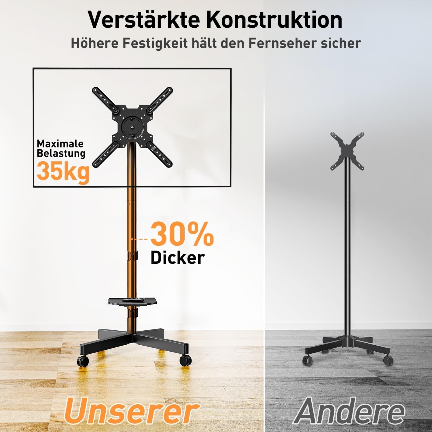 Mobiele standaard op wielen voor tv's van 23 tot 60 inch, tv-trolley met verstelbare hoogte en helling, maximale VESA-compatibiliteit van 400 x 400 mm, tot 35 kg, rotatie bij