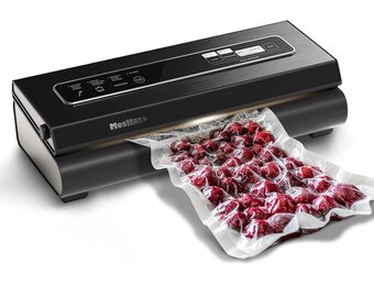 Mesliese Vacuümmachine, 90 kPa vacuümapparaat, 6-in-1 compact levensmiddelen-vacuümsysteem met snijder, 2 zakrollen, 5 voorgesneden zakken, droog- en nat-modi (donkergrijs)