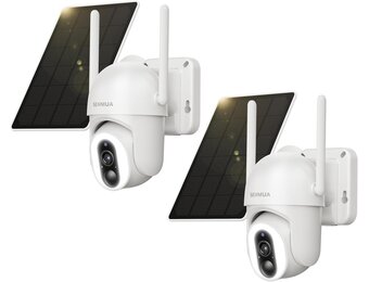 SEHMUA 2K bewakingscamera voor buiten, accu, wifi, 360° PTZ-camera, bewaking, buiten, zonne-energie, met PIR-detectie, 12 leds (500 lumen), 2-weg audio, gekleurd nachtzicht, IP66 waterdicht, 2 stuks
