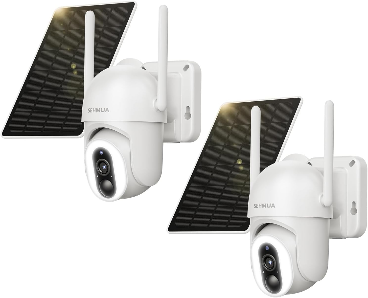 SEHMUA 2K bewakingscamera voor buiten, accu, wifi, 360° PTZ-camera, bewaking, buiten, zonne-energie, met PIR-detectie, 12 leds (500 lumen), 2-weg audio, gekleurd nachtzicht, IP66 waterdicht, 2 stuks