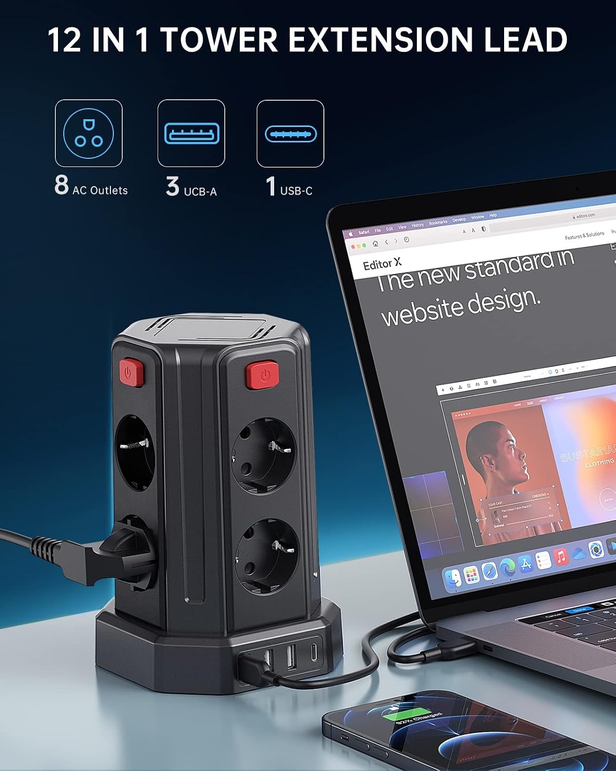 8-voudige stekkerdoos met 4 USB & overspanningsbeveiliging - 33% korting