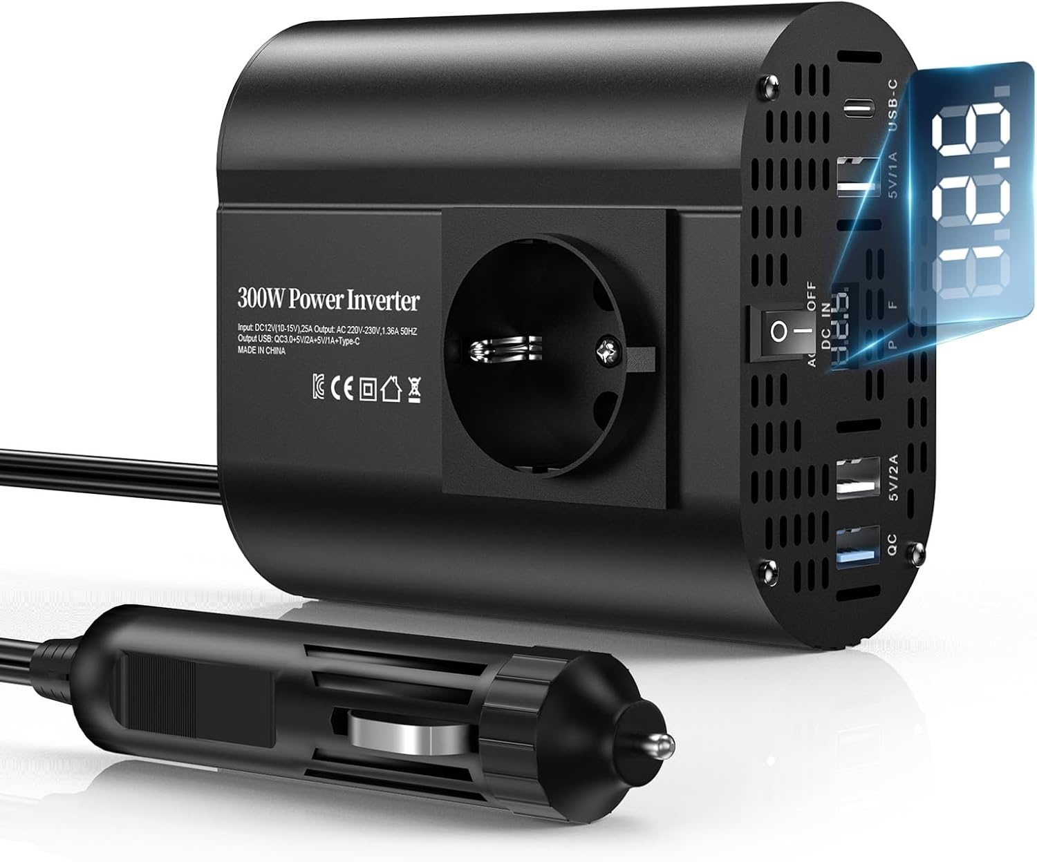Auto Omvormer 12V naar 220V 300W Zwart met 3x USB & PD 30W - 33% Korting!