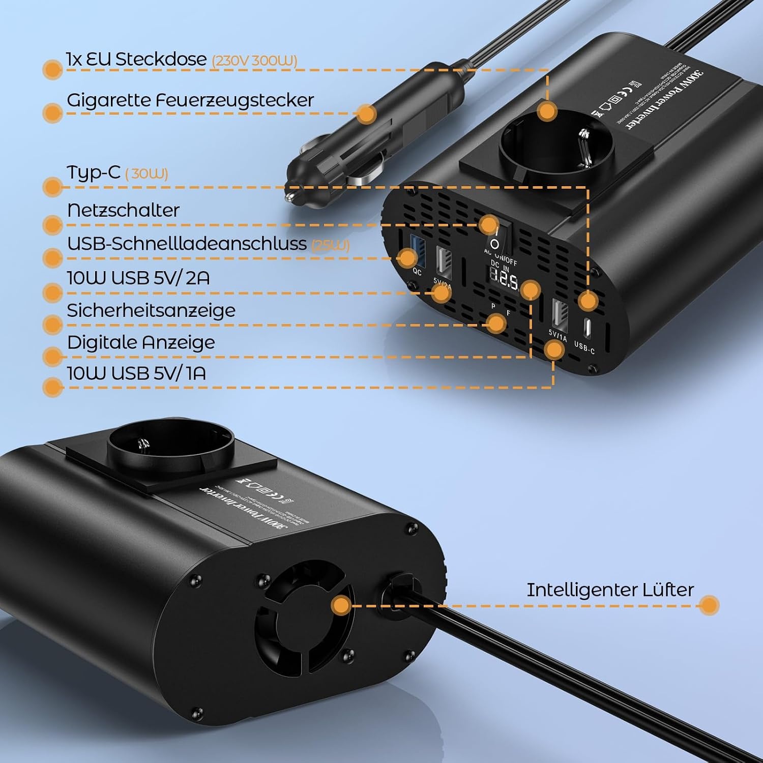 Auto Omvormer 12V naar 220V 300W Zwart met 3x USB & PD 30W - 33% Korting!
