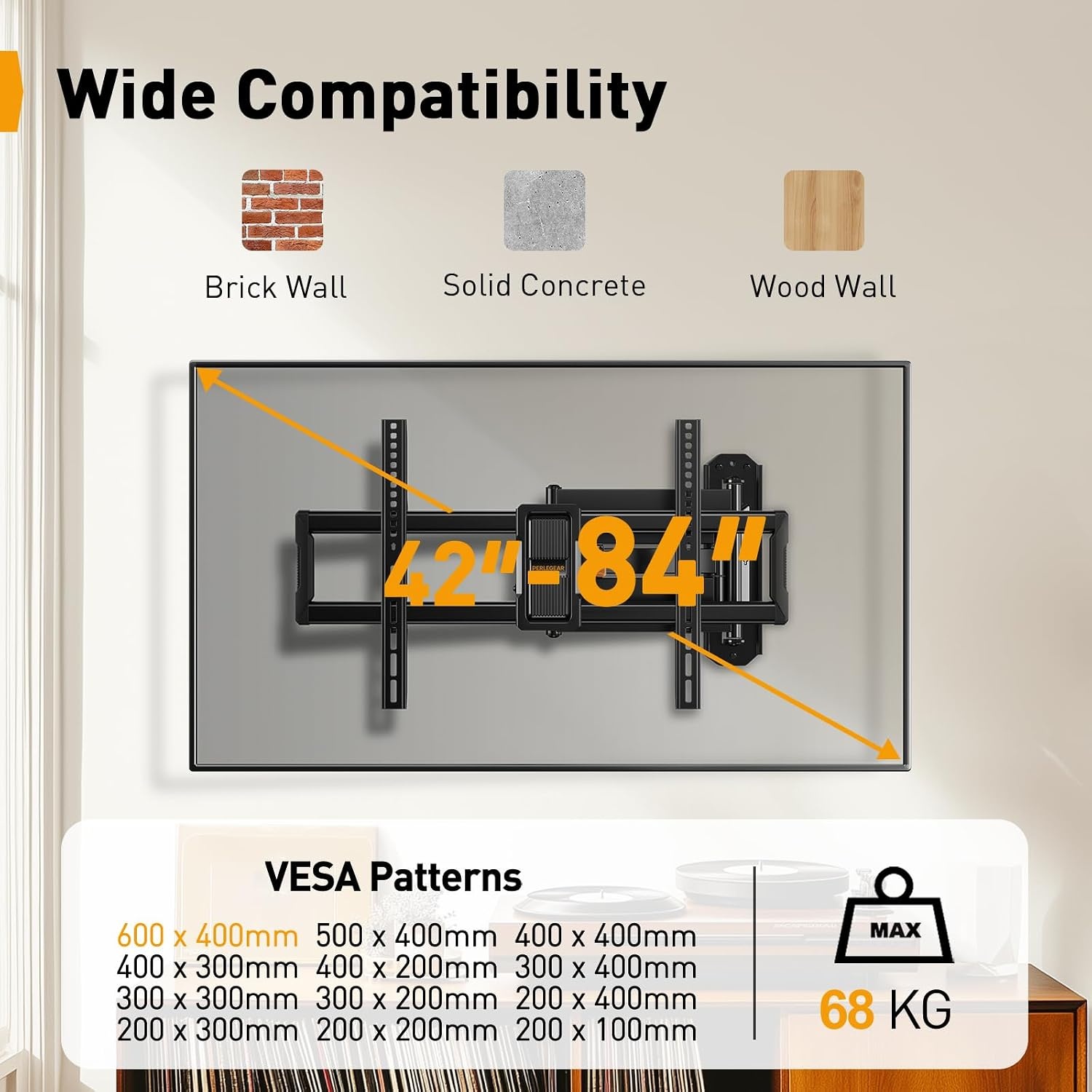 TV-wandbeugel 42-84" 94cm Arm, Draaibaar 90°, Tot 68kg (34% Korting)