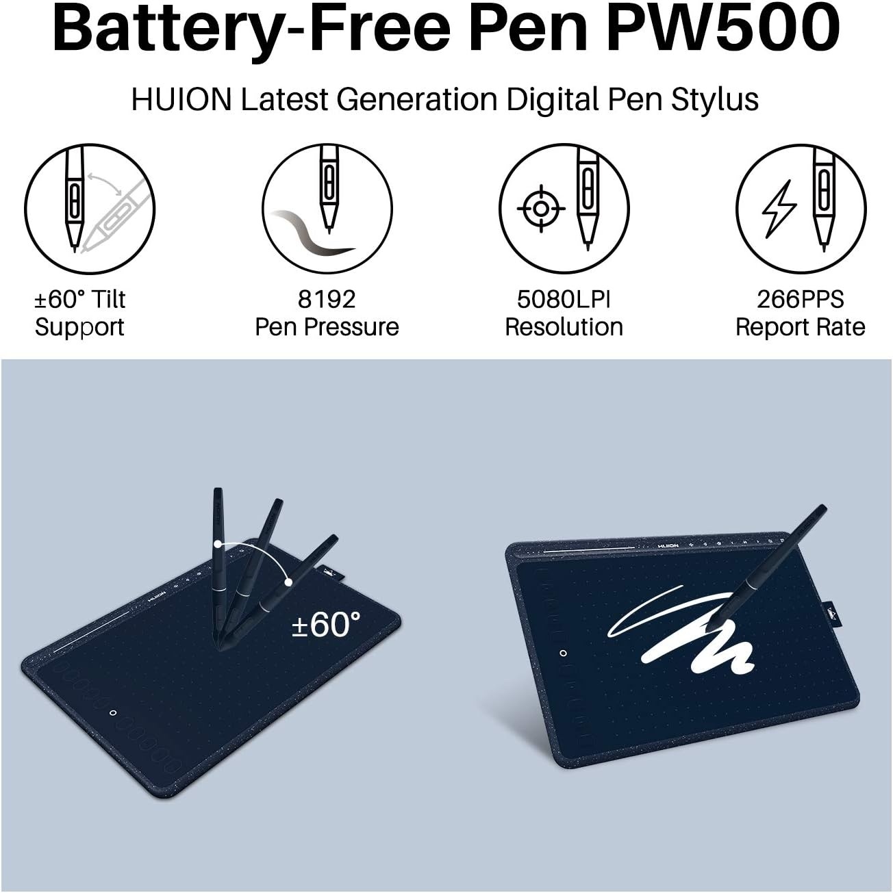 Nieuwe 2020-tekentablet HUION HS611-tekentabletten met kantelfunctie Batterijloze pen PW500 en multimediatoetsen voor achtergrondmuziek Ondersteuning voor Android, Windows en Mac OS (Sterrenblauw) - Maat 10.2 x 6.36 Pouces
