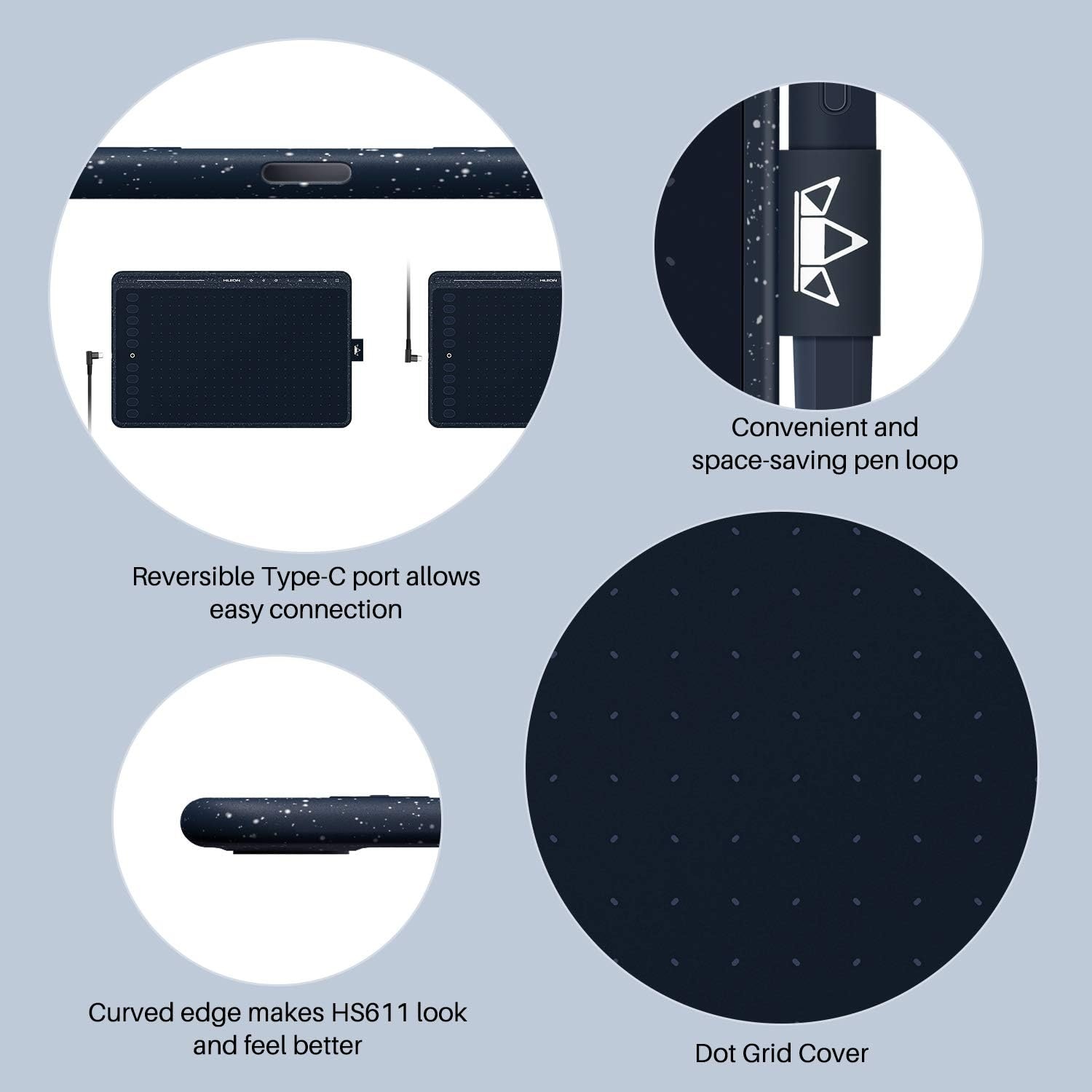 Nieuwe 2020-tekentablet HUION HS611-tekentabletten met kantelfunctie Batterijloze pen PW500 en multimediatoetsen voor achtergrondmuziek Ondersteuning voor Android, Windows en Mac OS (Sterrenblauw) - Maat 10.2 x 6.36 Pouces