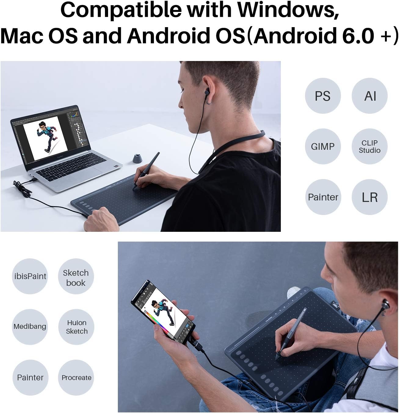 Nieuwe 2020-tekentablet HUION HS611-tekentabletten met kantelfunctie Batterijloze pen PW500 en multimediatoetsen voor achtergrondmuziek Ondersteuning voor Android, Windows en Mac OS (Sterrenblauw) - Maat 10.2 x 6.36 Pouces