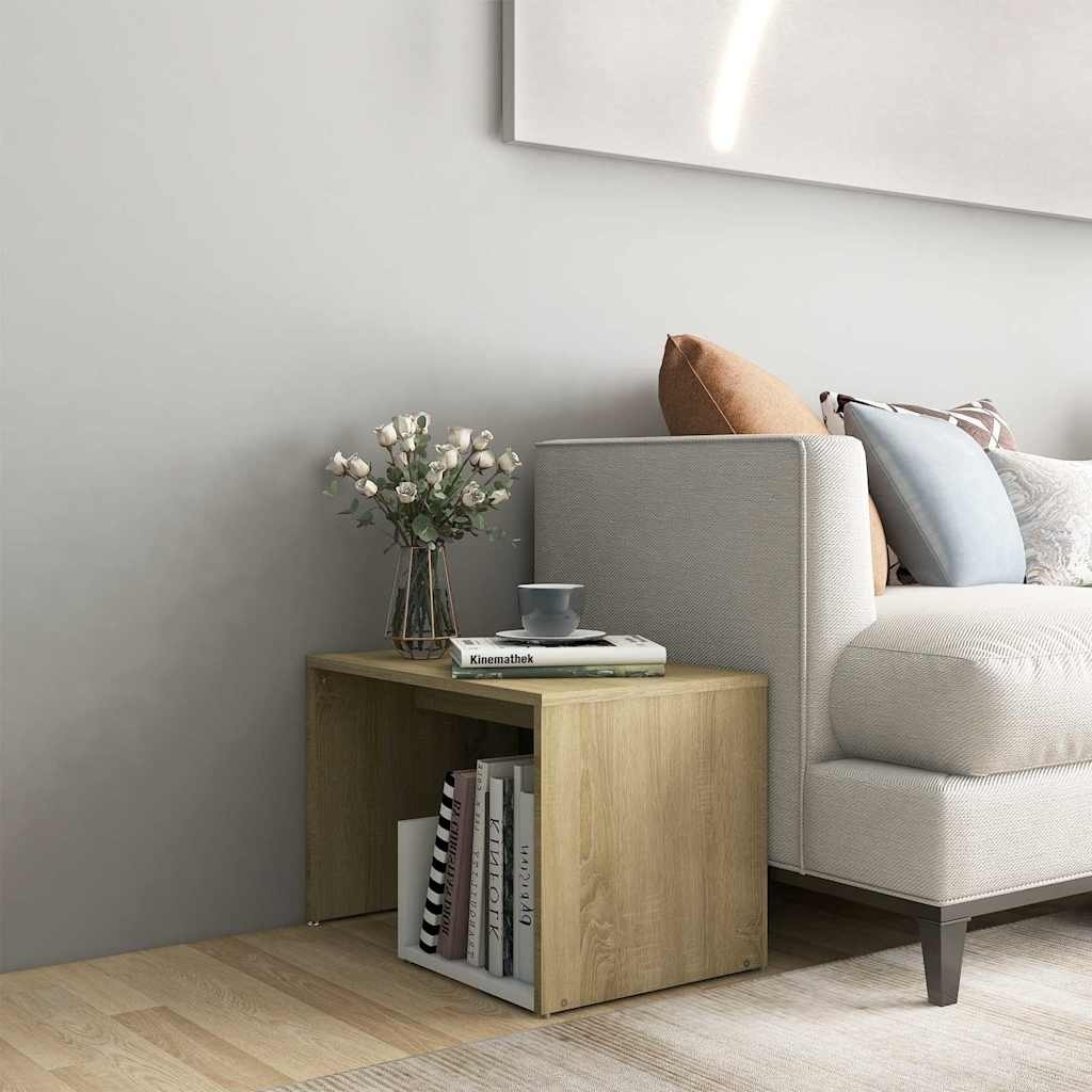 Bijzettafel 59x36x38 cm bewerkt hout wit & sonoma eiken - 52% korting!