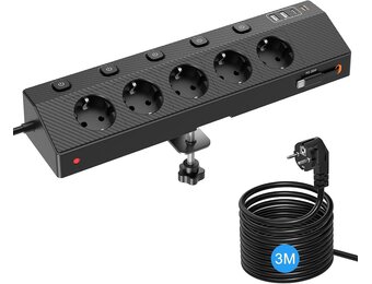 PASSUS Tafelstopcontact met 2 USB-C PD 30W, 5 Stopcontacten, 3m Kabel - 33% Korting