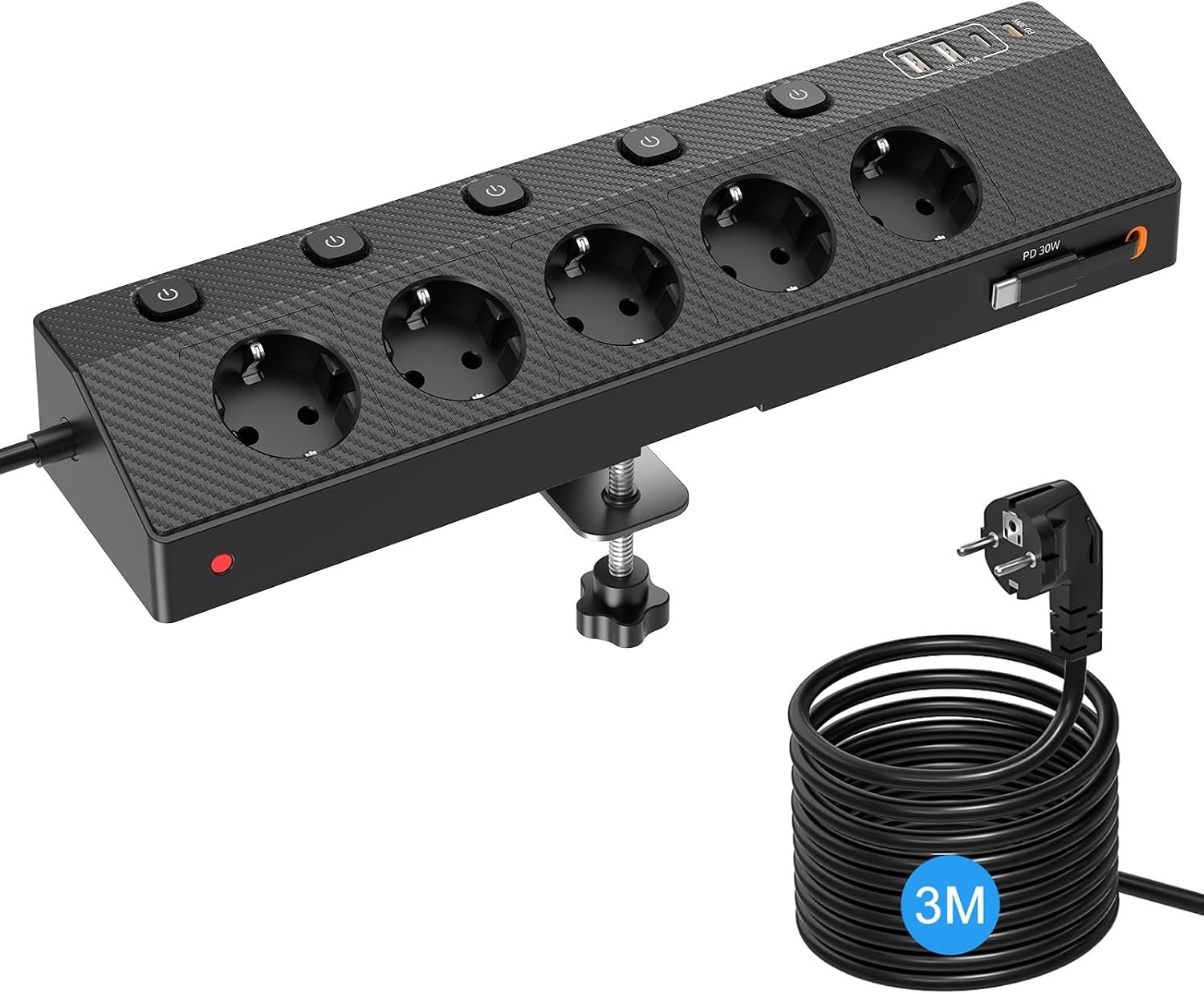PASSUS Tafelstopcontact met 2 USB-C PD 30W, 5 Stopcontacten, 3m Kabel - 33% Korting