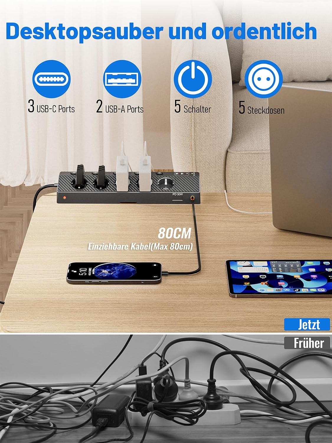 PASSUS Tafelstopcontact met 2 USB-C PD 30W, 5 Stopcontacten, 3m Kabel - 33% Korting
