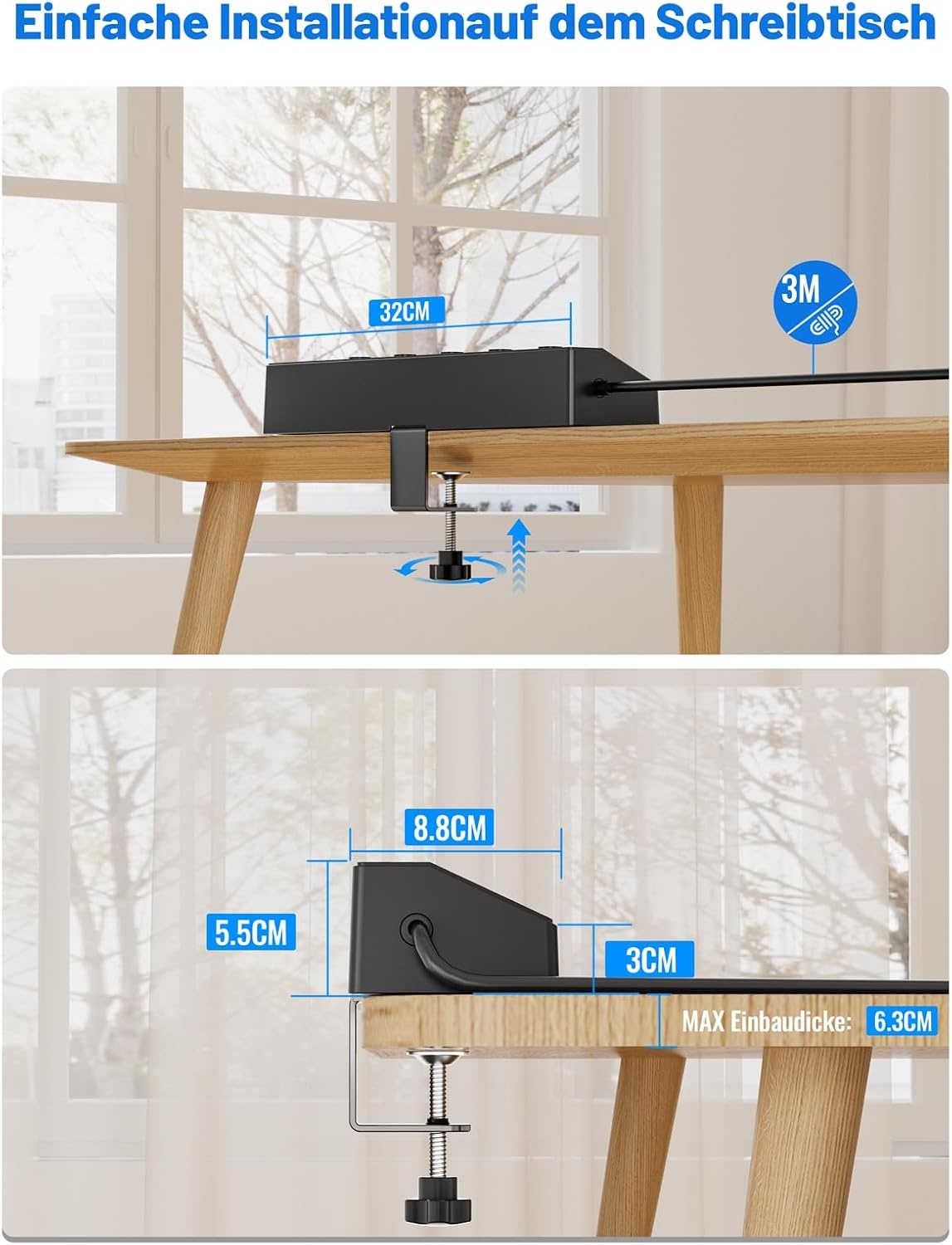 PASSUS Tafelstopcontact met 2 USB-C PD 30W, 5 Stopcontacten, 3m Kabel - 33% Korting