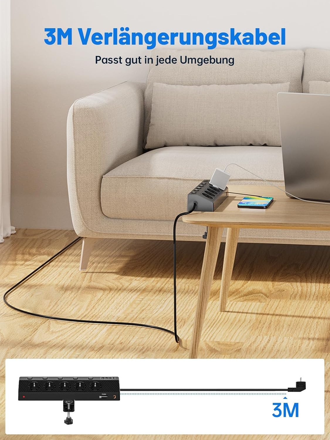 PASSUS Tafelstopcontact met 2 USB-C PD 30W, 5 Stopcontacten, 3m Kabel - 33% Korting
