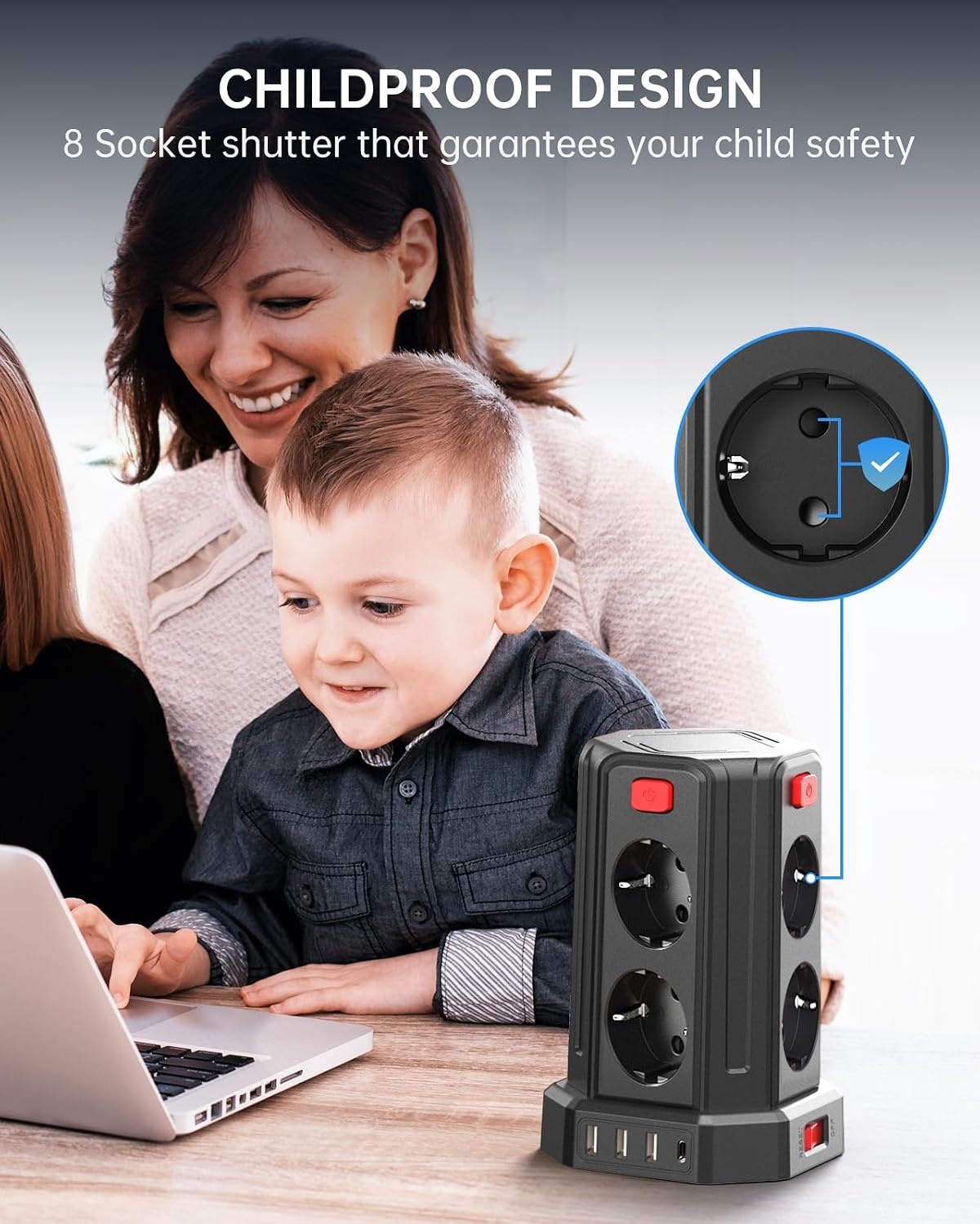 Stekkertoren 8 Stopcontacten, 4 USB, 2m Kabel - 33% Korting