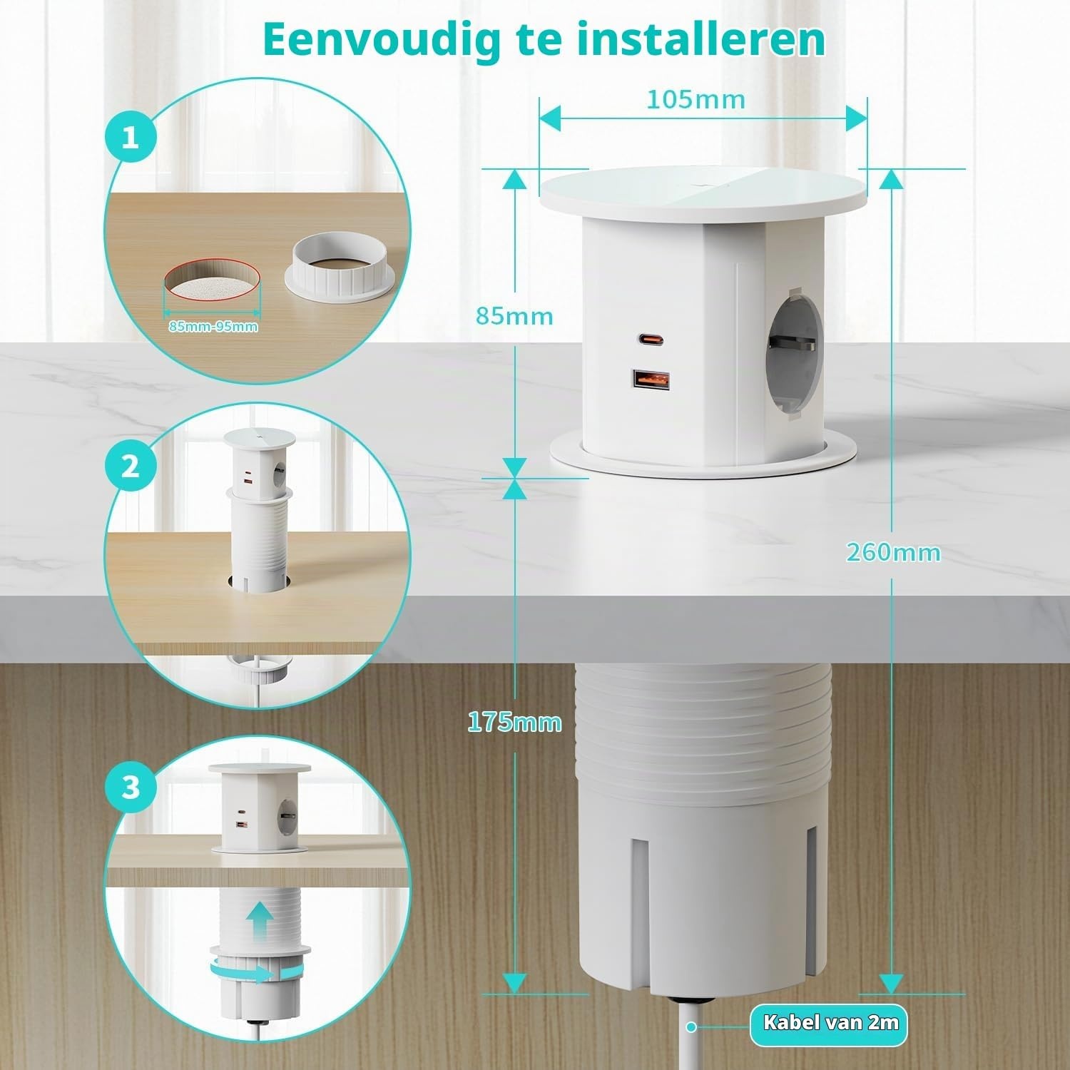 Inbouwstopcontact met 2 USB-C, 2 USB-A & Draadloze Lader - Wit (34% korting)