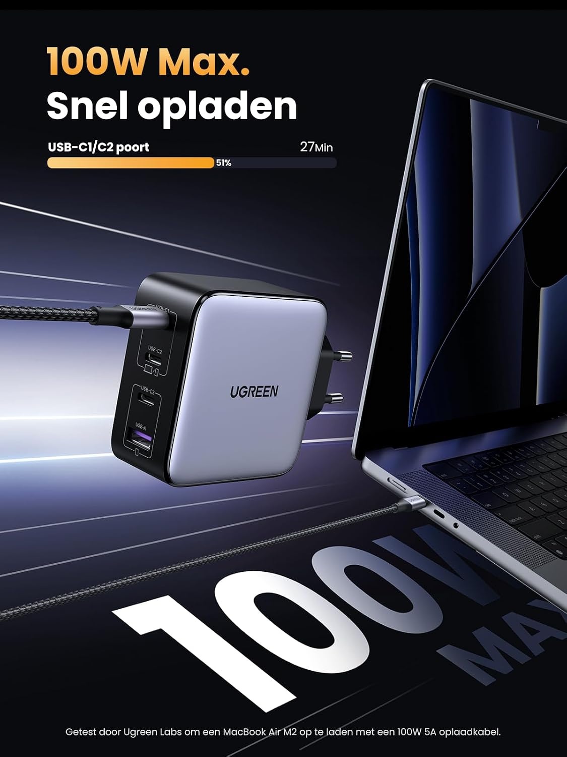 UGREEN Nexode 100W USB C-oplader GaN USB C-voeding 4-poorts PD Charger met PPS Compatibel met MacBook Pro, iPhone 16 Pro Max/15/14, iPad Pro, S24 Ultra, S23, S22, Steam Deck etc.