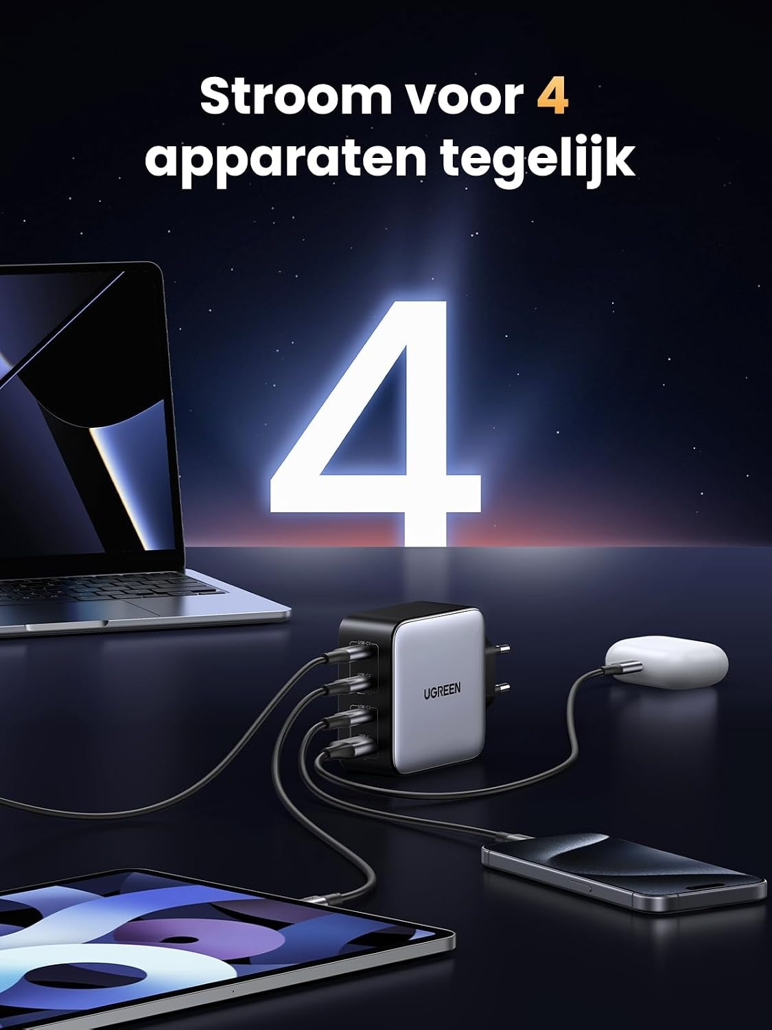 UGREEN Nexode 100W USB C-oplader GaN USB C-voeding 4-poorts PD Charger met PPS Compatibel met MacBook Pro, iPhone 16 Pro Max/15/14, iPad Pro, S24 Ultra, S23, S22, Steam Deck etc.