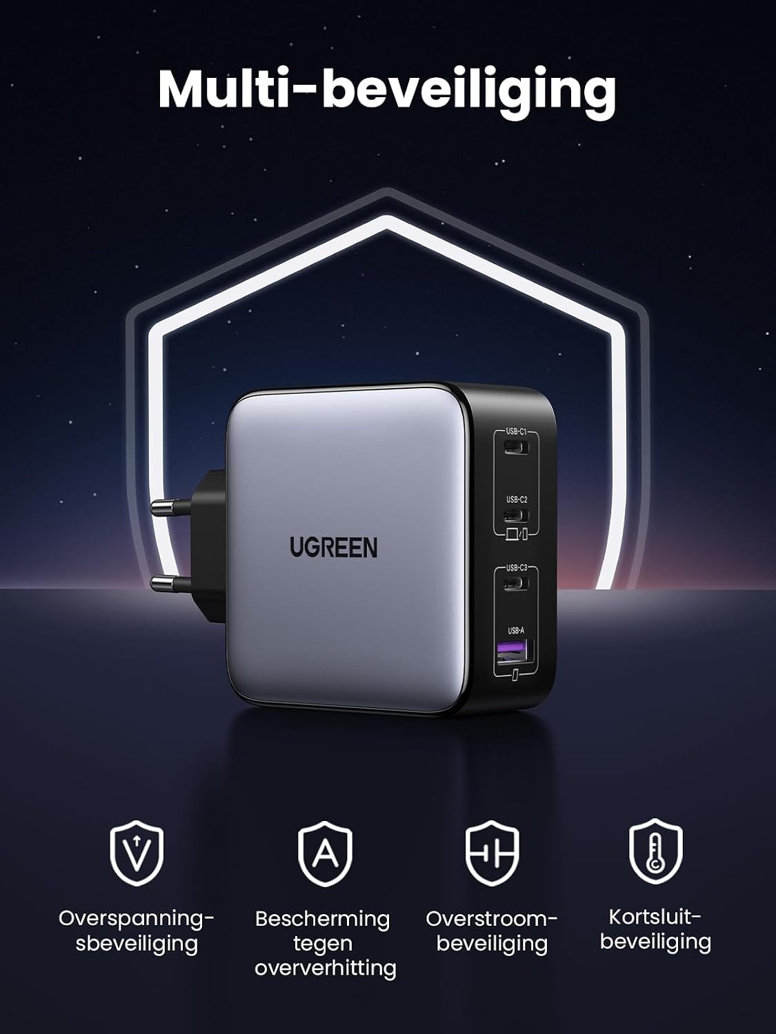 UGREEN Nexode 100W USB C-oplader GaN USB C-voeding 4-poorts PD Charger met PPS Compatibel met MacBook Pro, iPhone 16 Pro Max/15/14, iPad Pro, S24 Ultra, S23, S22, Steam Deck etc.