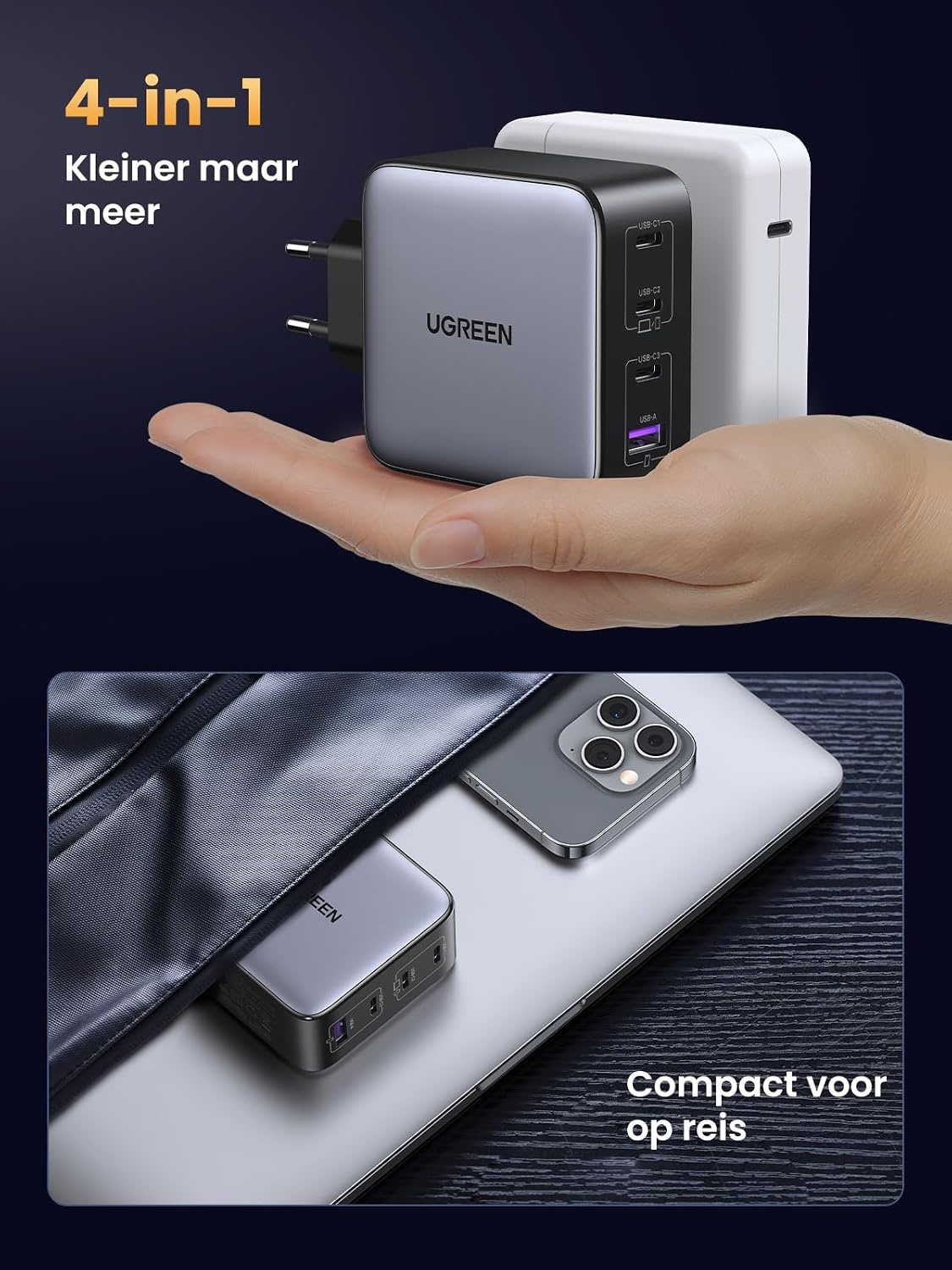 UGREEN Nexode 100W USB C-oplader GaN USB C-voeding 4-poorts PD Charger met PPS Compatibel met MacBook Pro, iPhone 16 Pro Max/15/14, iPad Pro, S24 Ultra, S23, S22, Steam Deck etc.