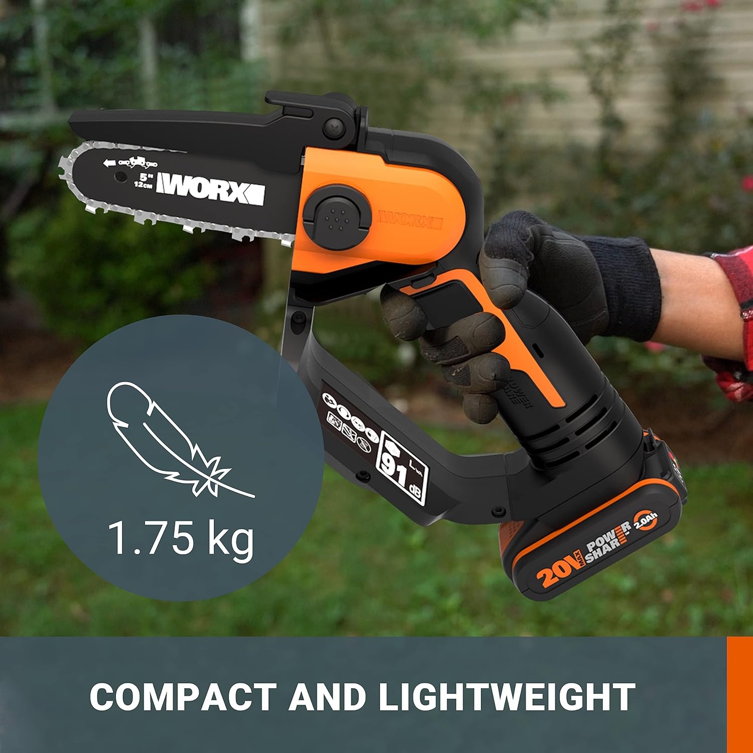 WORX WG324E.9 Accu-eenhands-takkenzaag, 20 V, 12 cm zwaardlengte, licht en comfortabel, PowerShare compatibel, zonder accu en oplader