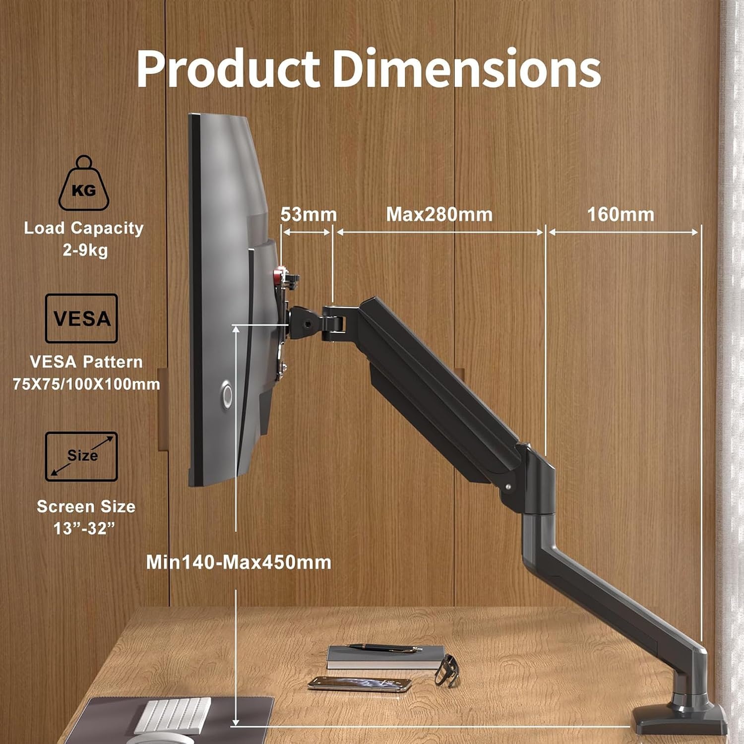 Suptek Monitorarm voor 13-32 Inch Schermen, VESA 75 en 100 mm, 360° Zwenkbaar, Kantelbaar, In Hoogte Verstelbaar, Desktop Monitorbeugel met Gasveer (MD01A)