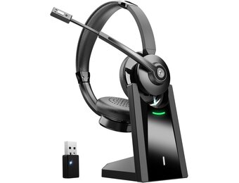 Draadloze PC headset voor kantoor, Zoom, Skype, laptop, vergaderingen | Met microfoon mute-schakelaar, oorlussen | Zwart