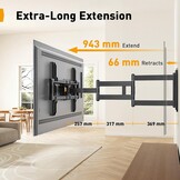 Perlegear TV-wandbeugel met 943 mm lange arm voor 42–84 inch tot 68 kg, extra lange bereik tv-houder, draai- en kantelbare tv-wandbeugel, max. VESA 600 x 400 mm