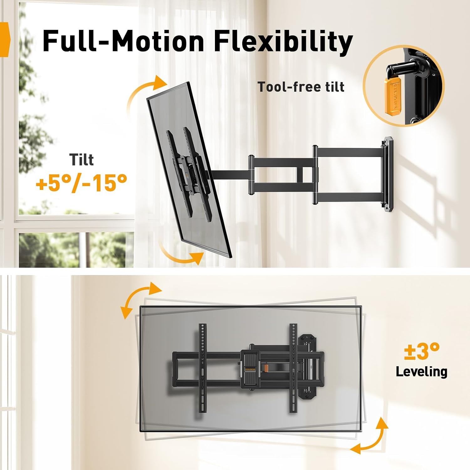 Perlegear TV-wandbeugel met 943 mm lange arm voor 42–84 inch tot 68 kg, extra lange bereik tv-houder, draai- en kantelbare tv-wandbeugel, max. VESA 600 x 400 mm