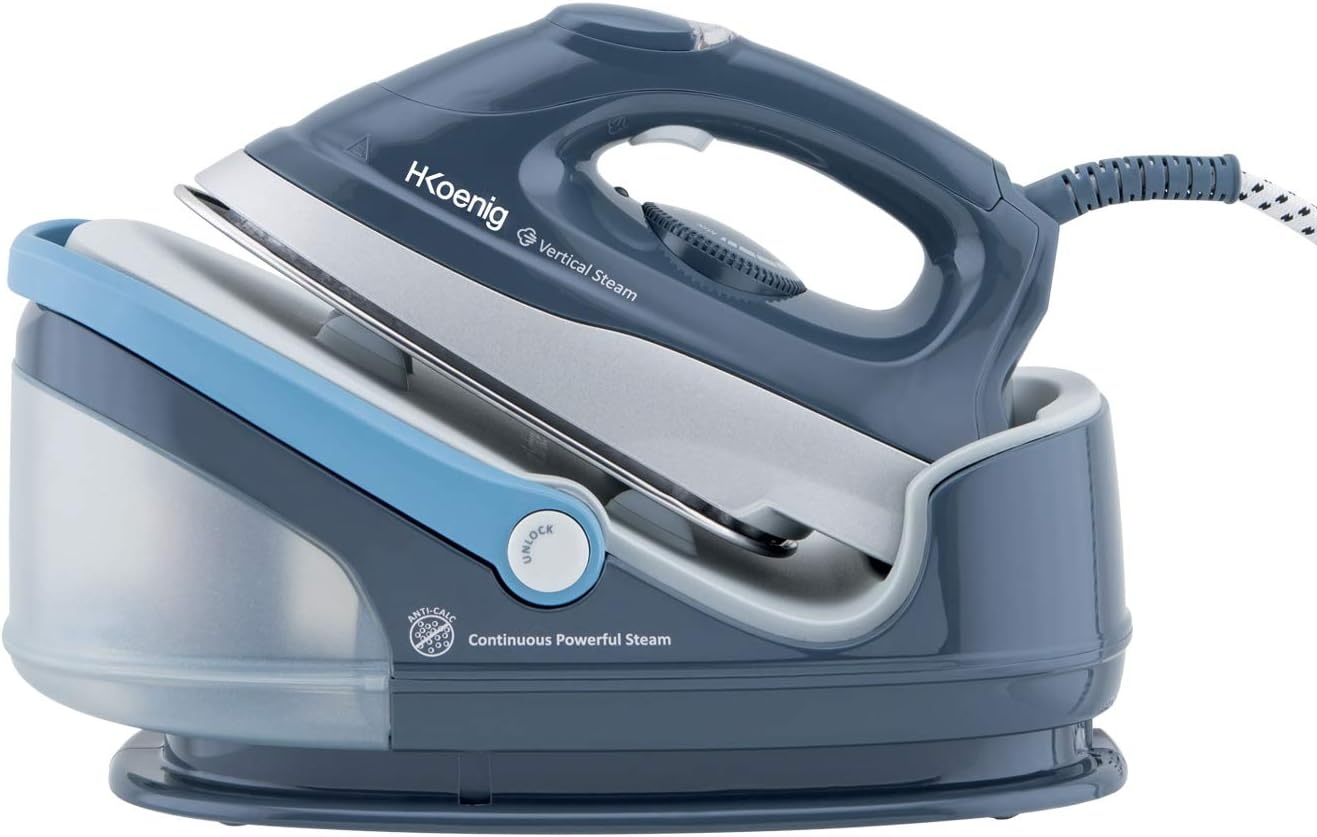 H.Koenig Hogedruk Stoomapparaat V5i, 6 bar, 90 g/min, Onbeperkte Autonomie, Verticale Stoom, Roestvrijstalen Zoolplaat, 2400W, 1,7L Tank, Blauw