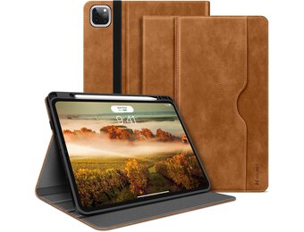 Holimet Hoes voor iPad Pro 13 inch M4 (2024) met penhouder, iPad Pro 13 M4, PU-leren folio case, TPU achterkant, schokbestendig, met tas en automatische wake/slaapfunctie, multi-hoekstandaard, bruin