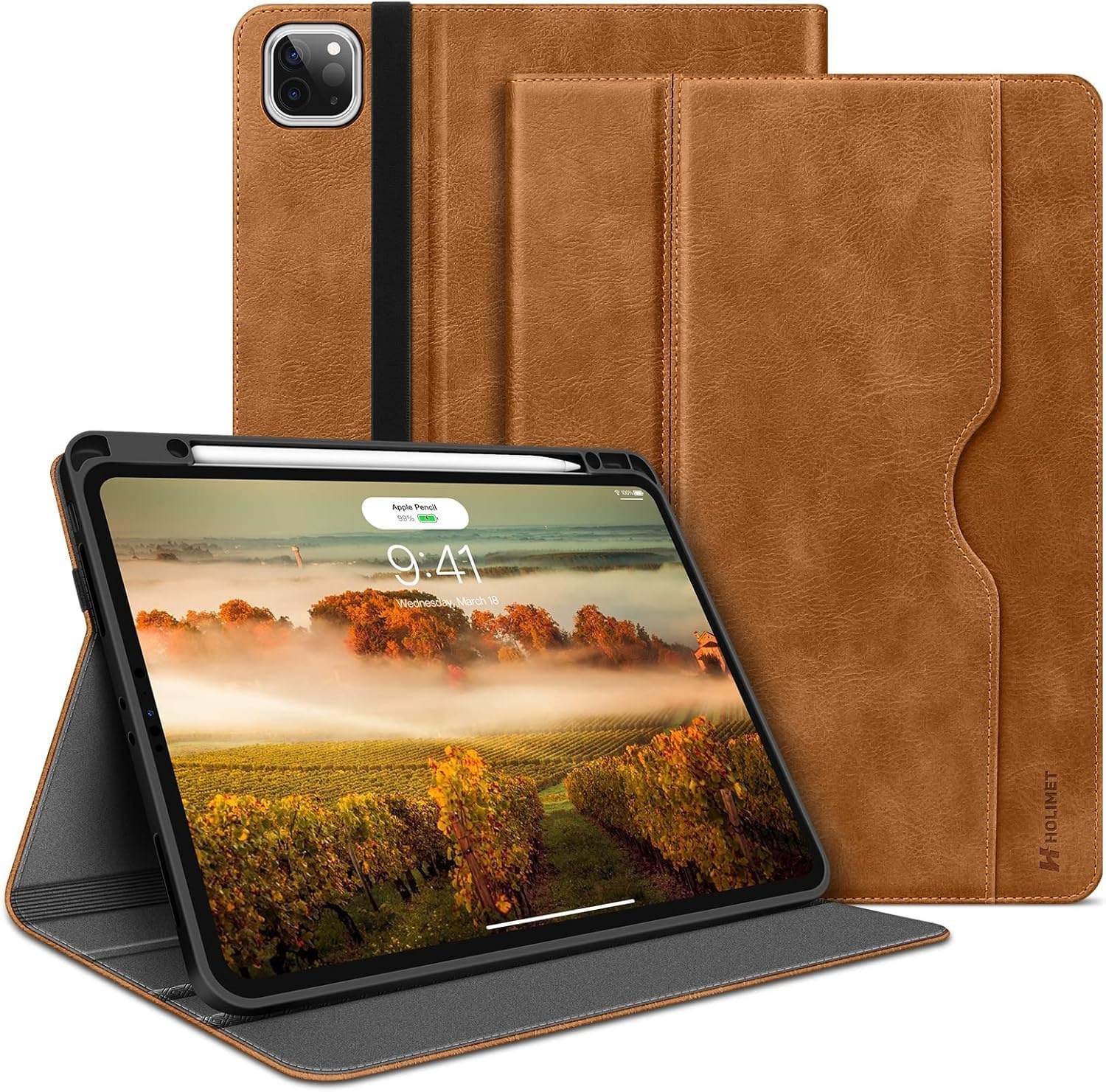 Holimet Hoes voor iPad Pro 13 inch M4 (2024) met penhouder, iPad Pro 13 M4, PU-leren folio case, TPU achterkant, schokbestendig, met tas en automatische wake/slaapfunctie, multi-hoekstandaard, bruin