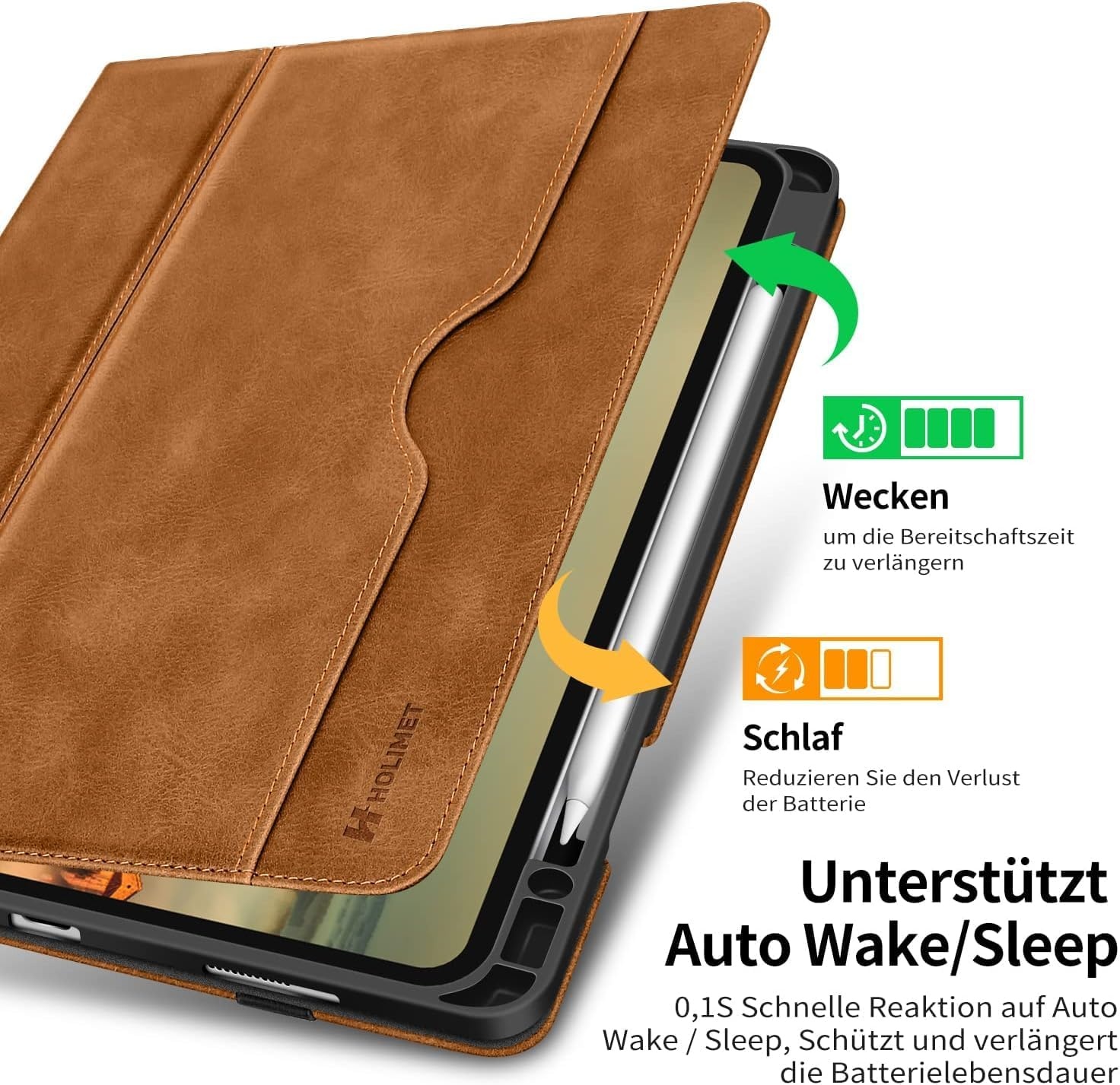 Holimet Hoes voor iPad Pro 13 inch M4 (2024) met penhouder, iPad Pro 13 M4, PU-leren folio case, TPU achterkant, schokbestendig, met tas en automatische wake/slaapfunctie, multi-hoekstandaard, bruin