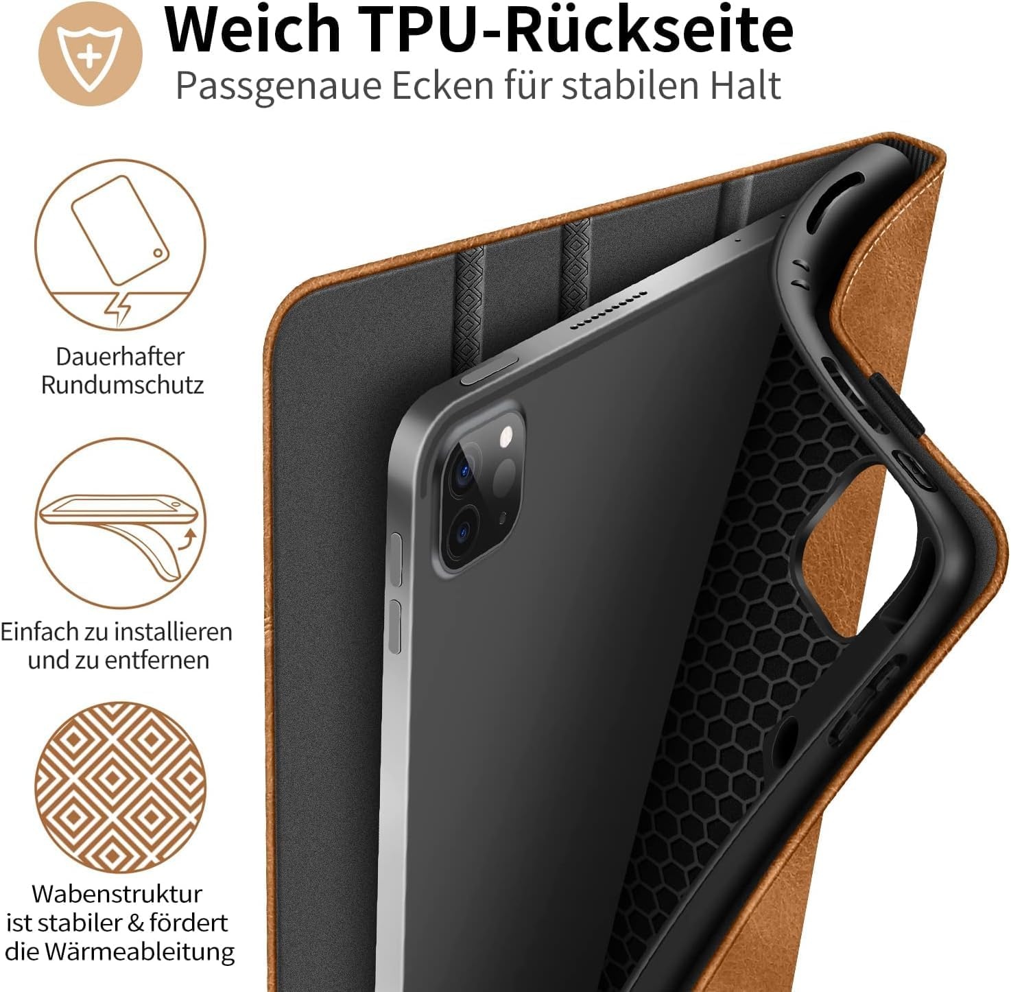 Holimet Hoes voor iPad Pro 13 inch M4 (2024) met penhouder, iPad Pro 13 M4, PU-leren folio case, TPU achterkant, schokbestendig, met tas en automatische wake/slaapfunctie, multi-hoekstandaard, bruin