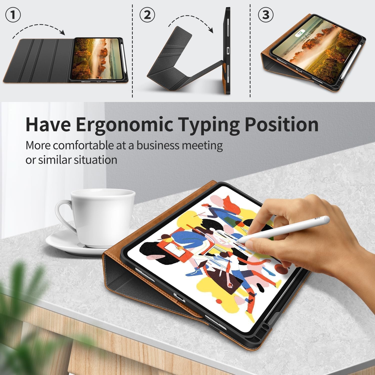 Holimet Hoes voor iPad Pro 13 inch M4 (2024) met penhouder, iPad Pro 13 M4, PU-leren folio case, TPU achterkant, schokbestendig, met tas en automatische wake/slaapfunctie, multi-hoekstandaard, bruin