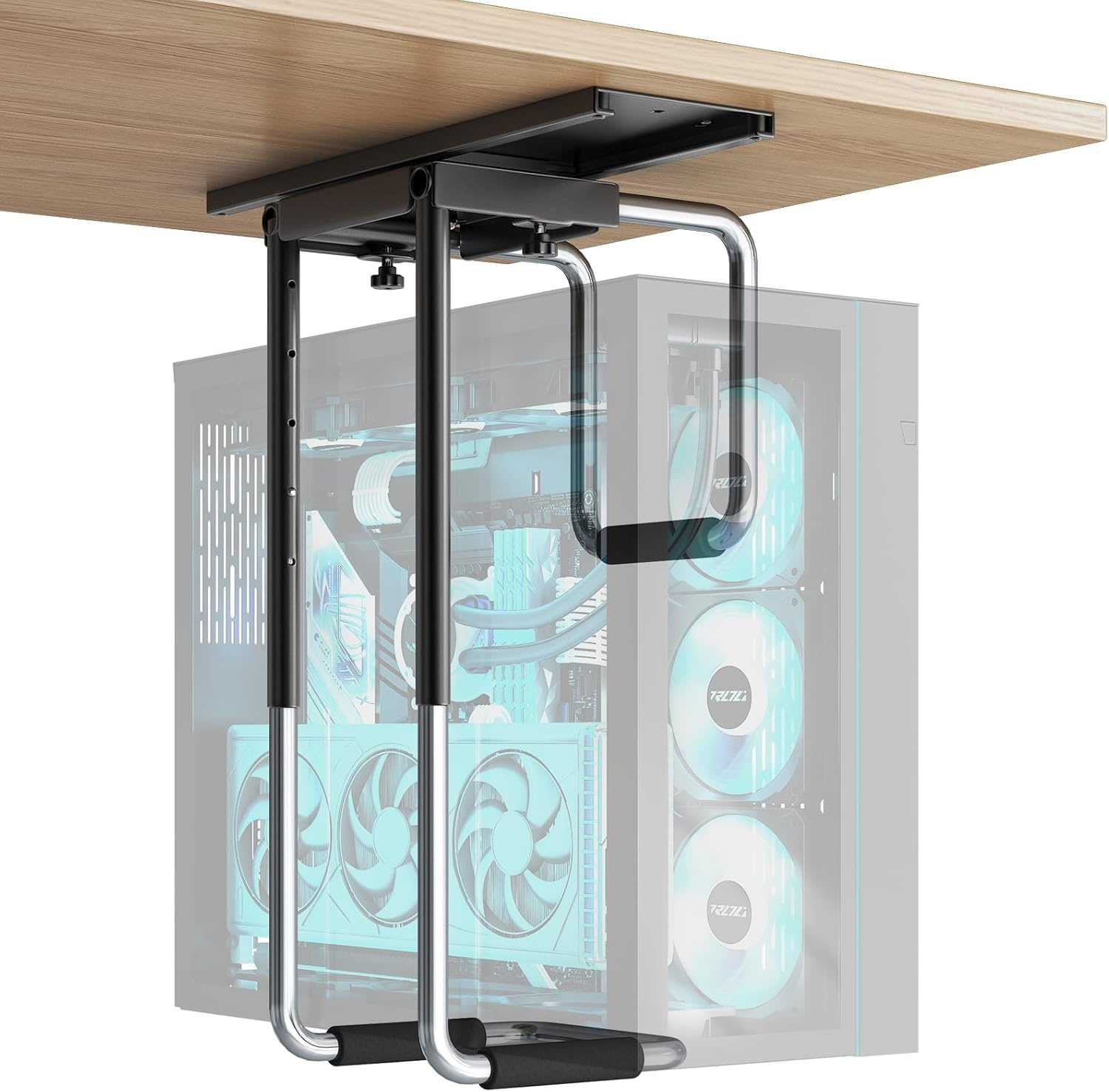 PUTORSEN Heavy Duty PC-houder voor onder bureau, verstelbare computerbehuizing met beschermende pads, uitstekende luchtcirculatie tot 66 lbs, zwart - Maat Medium