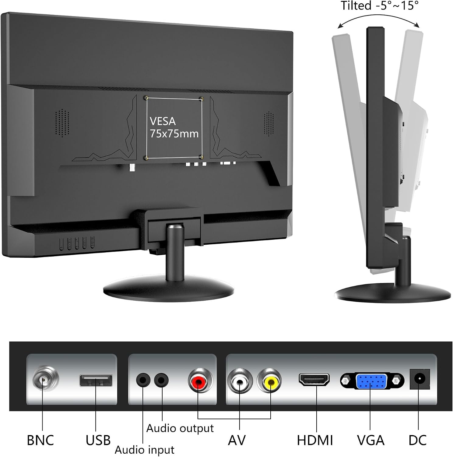 19 inch monitor met HDMI VGA AV BNC USB, 1366 x 768 led-beeldscherm, pc-monitor voor Fire Stick, computer, Raspberry Pi, geïntegreerde luidspreker