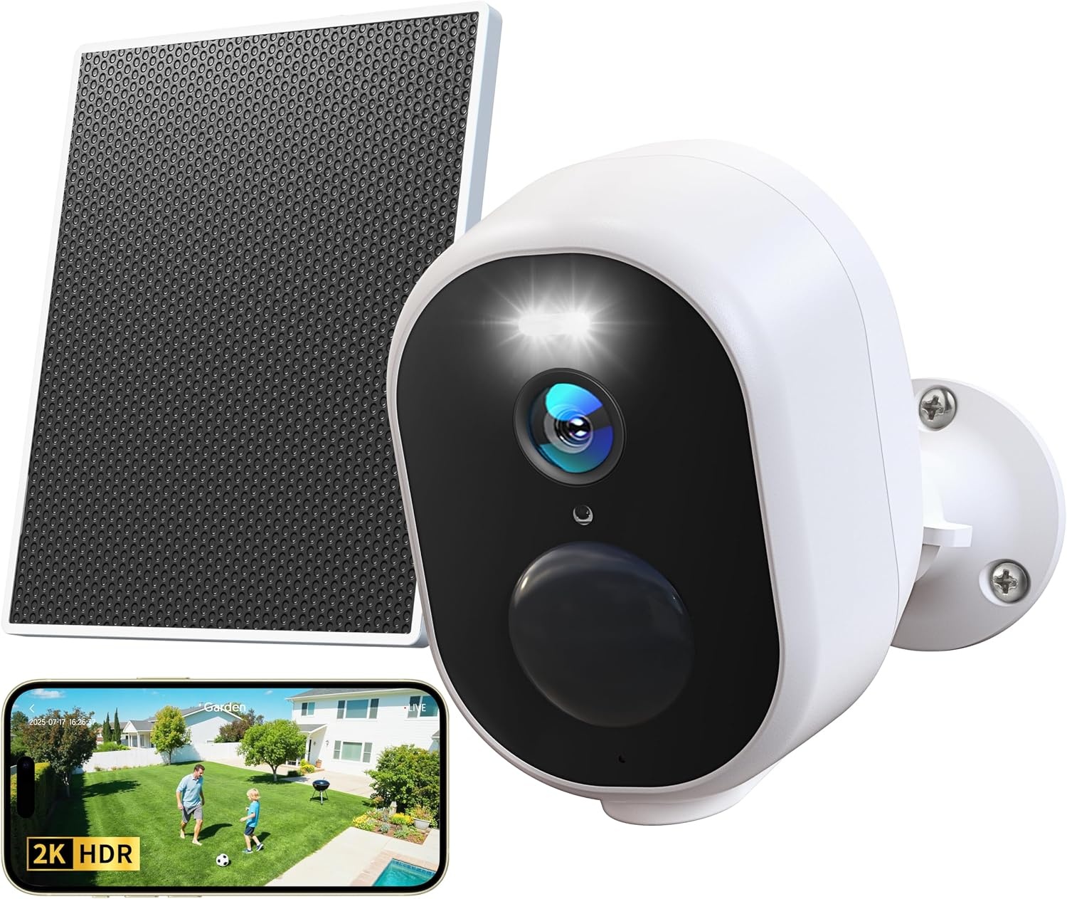 GNCC 2K Wifi-camera voor buiten, draadloos, met zonnepaneel, buitencamera met nachtzicht in kleur, bidirectionele audio, PIR-alarm, werkt met Alexa, 2,4 G/5 GHz wifi, IP65